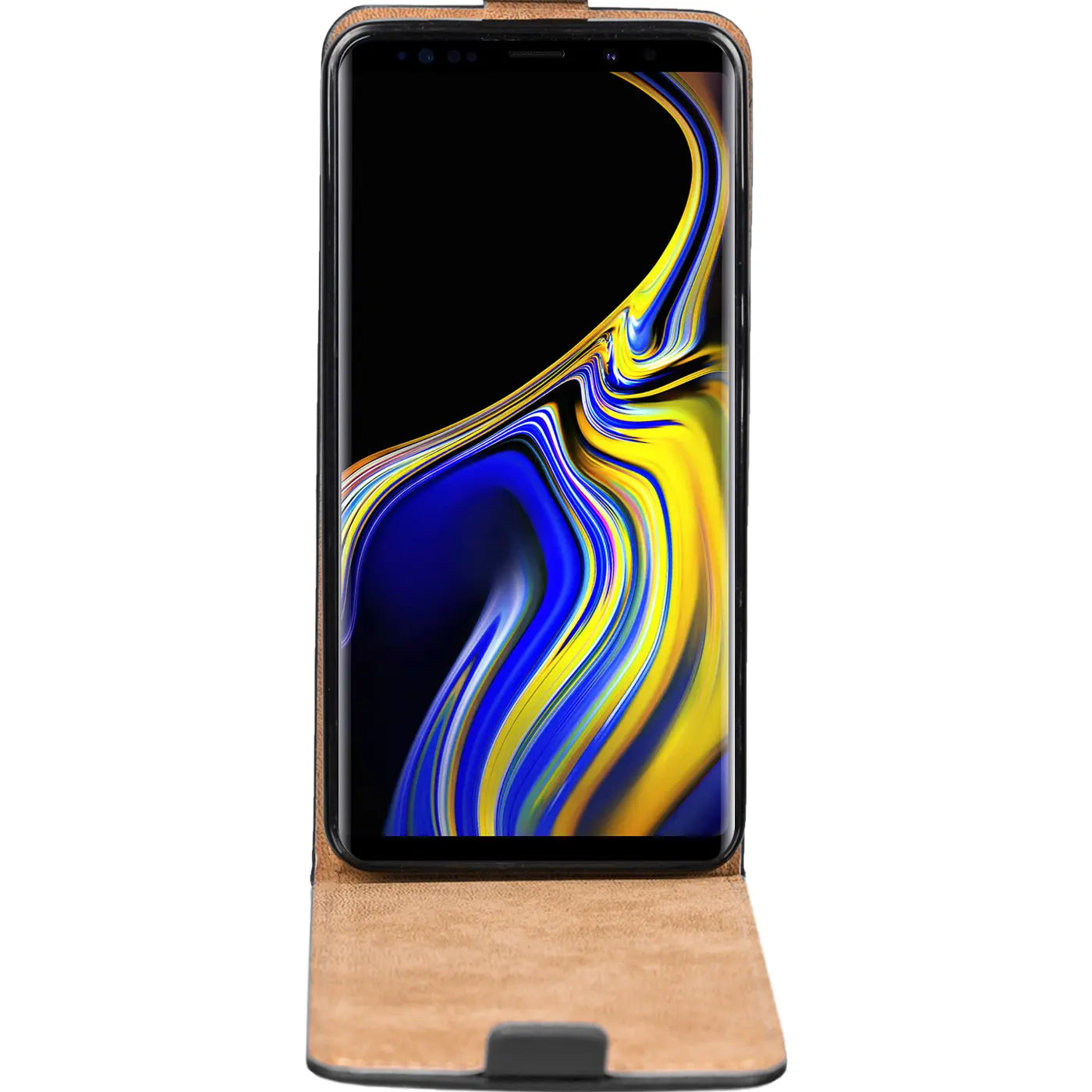 Braune Leder-Flip-Hülle, Vorderansicht, auf einem Samsung Galaxy Note 9.