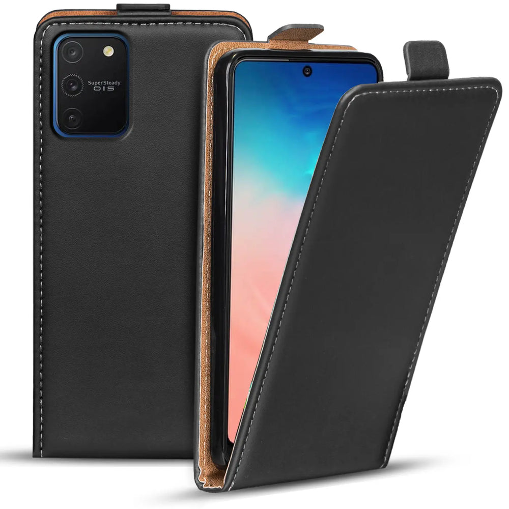 Schwarze Leder-Flip-Hülle für Samsung Galaxy S10 Lite, von vorne geöffnet.