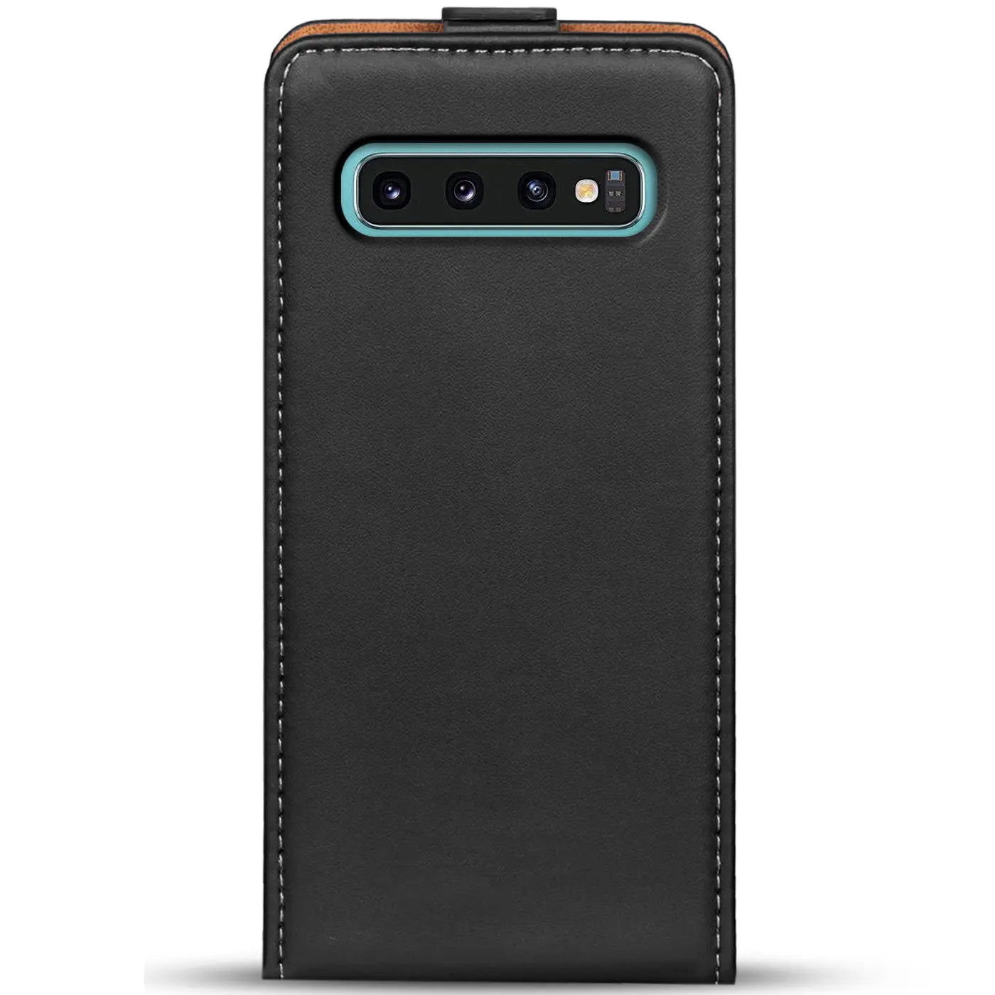 Schwarze Leder-Flip-Hülle für Samsung Galaxy S10 Plus, Rückansicht