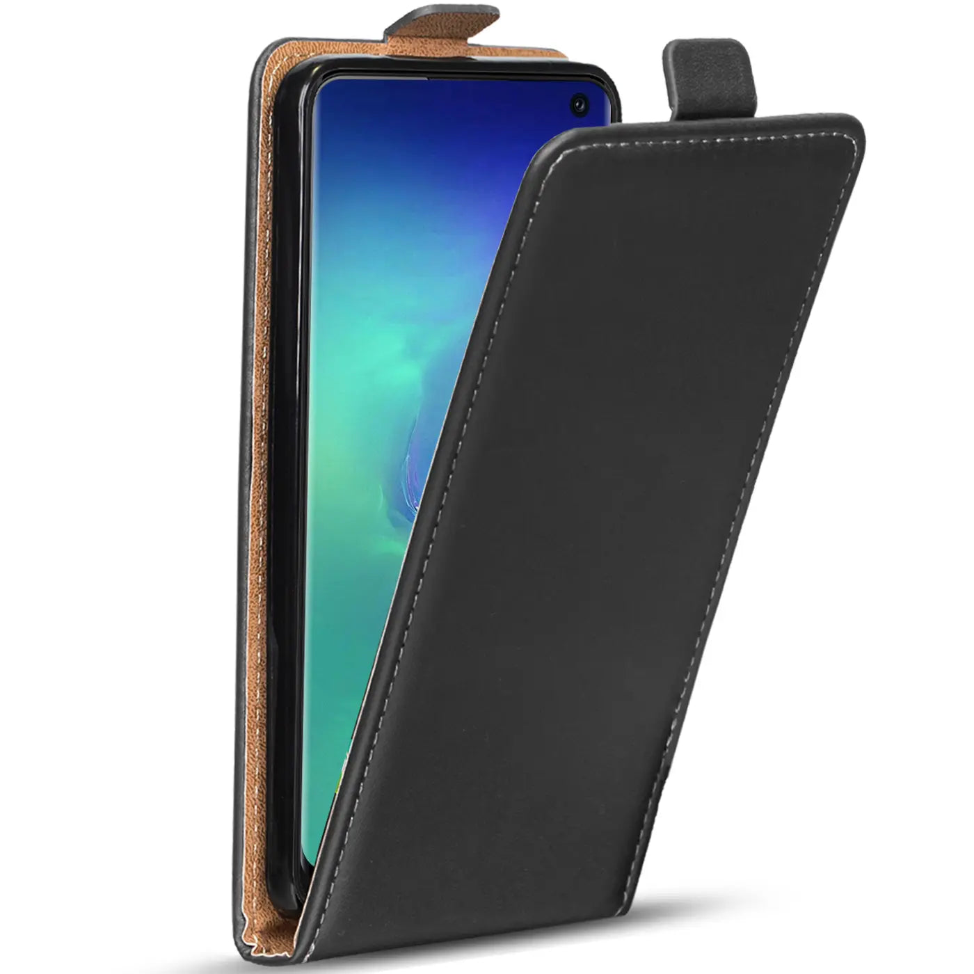 Schwarze Leder-Flip-Hülle mit Naht, zeigt Samsung Galaxy S10 von vorne, leicht geöffnet.
