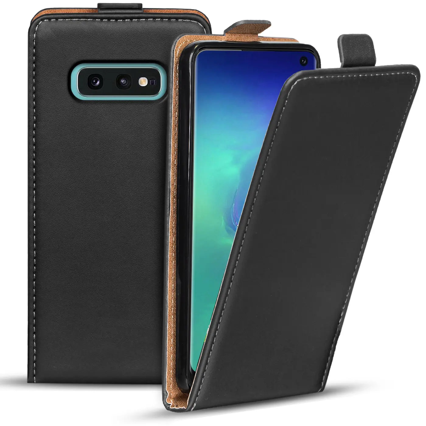 Schwarze Leder-Flip-Hülle für Samsung Galaxy S10e, von vorne schräg gezeigt.