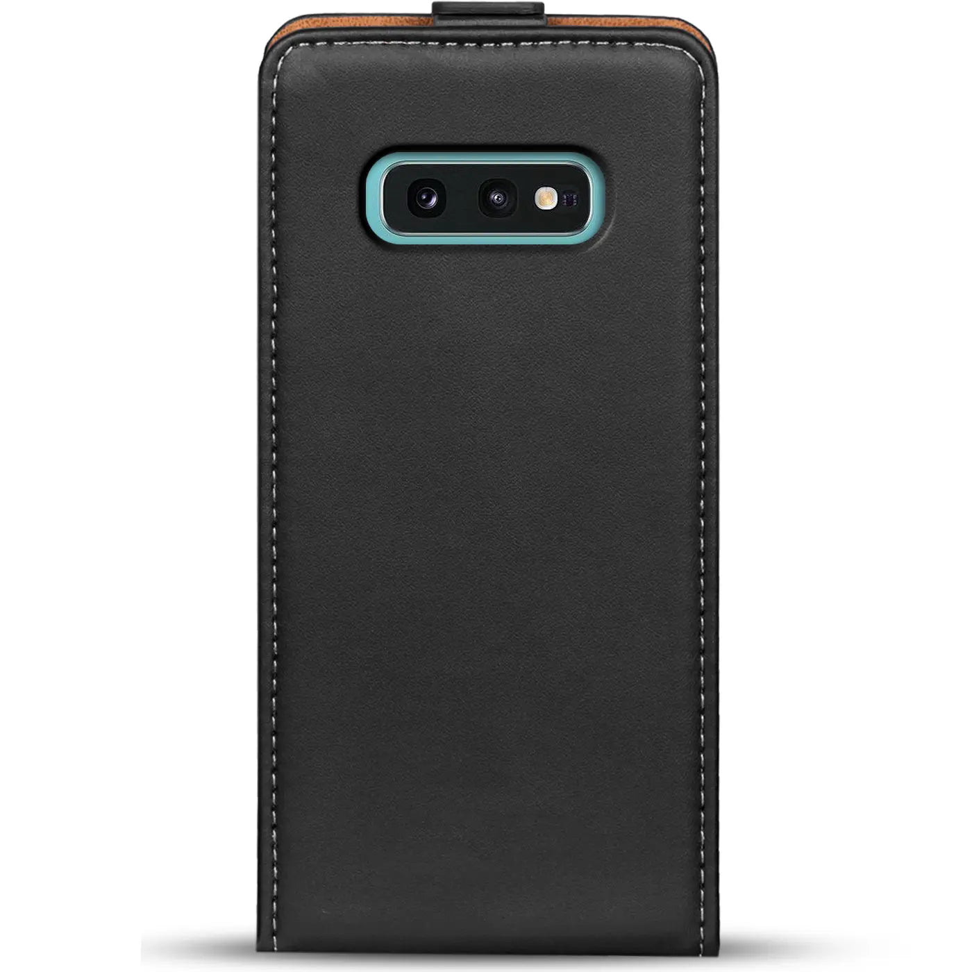 Schwarze Leder-Flip-Hülle mit hellblauem Kamerarahmen für Samsung Galaxy S10e, von hinten gesehen.