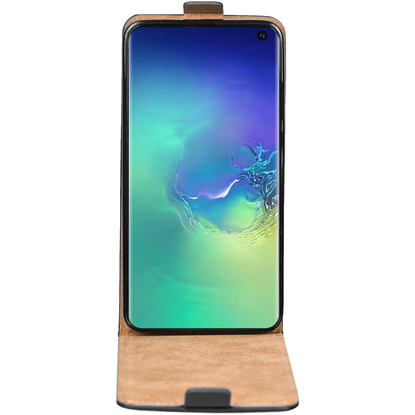 Braune Leder-Flip-Hülle mit offenem Samsung Galaxy S10e, von vorne gezeigt.