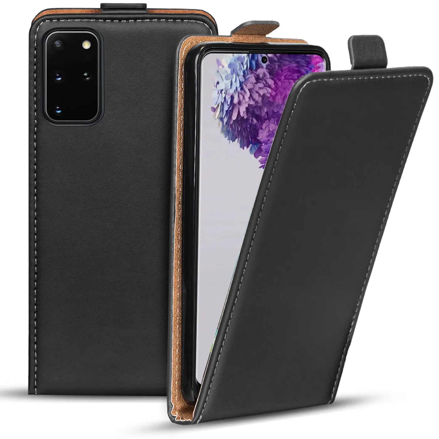 Schwarze Leder-Flip-Hülle, geöffnet, zeigt Samsung S20 Plus, von vorne.