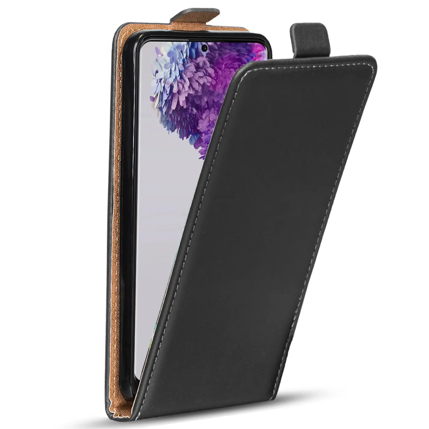 Schwarze Leder-Flip-Hülle mit offenem Samsung Galaxy S20 Plus, Seitenansicht.