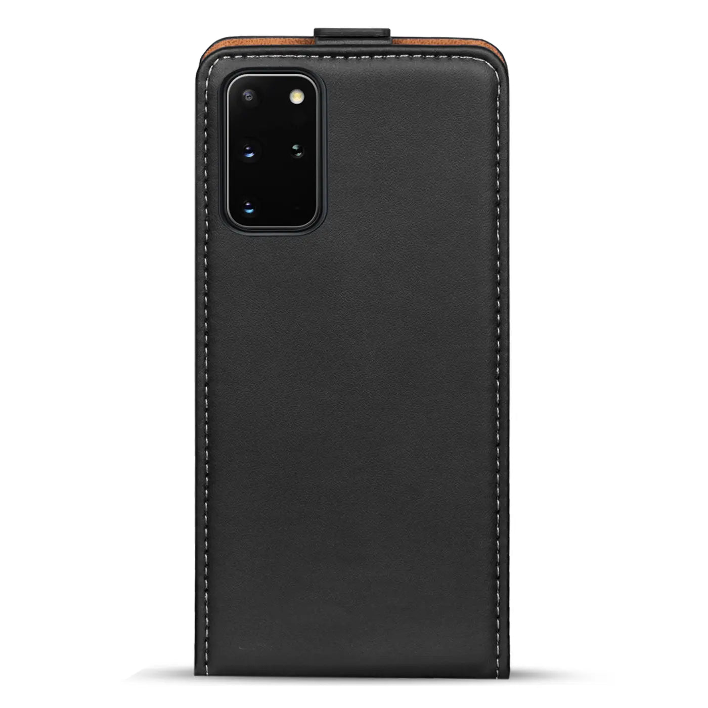 Schwarze Leder-Flip-Hülle mit Nähten auf Samsung Galaxy S20 Plus, Rückansicht.