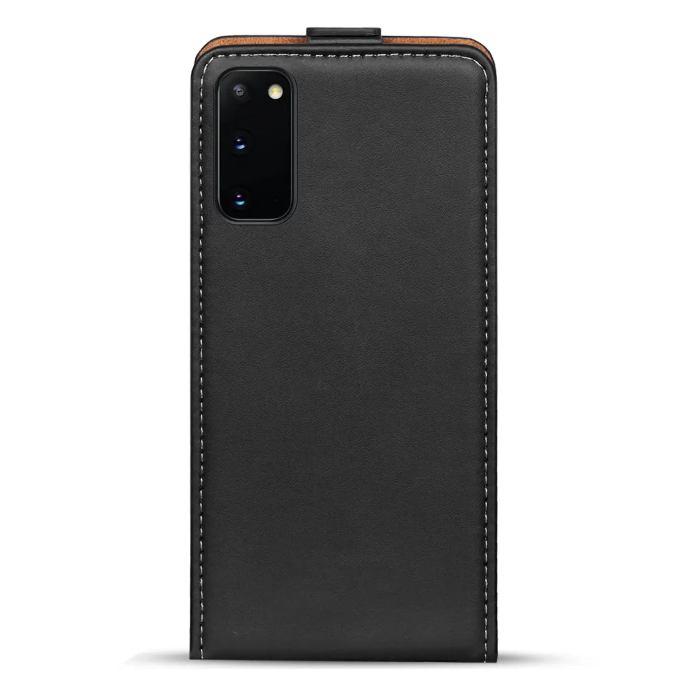 Schwarze Leder-Flip-Hülle mit Nähten für Samsung Galaxy S20, Rückansicht