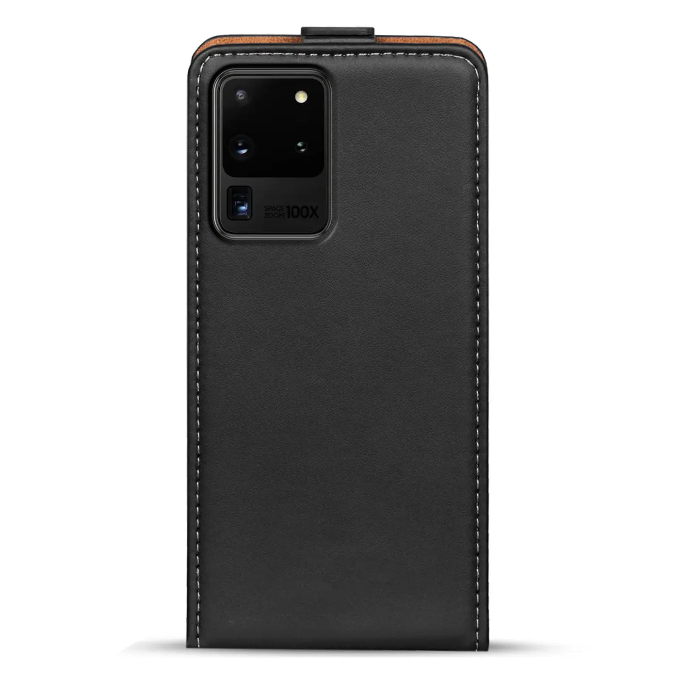 Schwarze Leder-Flip-Hülle mit braunen Akzenten, Vorderansicht, für Samsung Galaxy S20 Ultra.