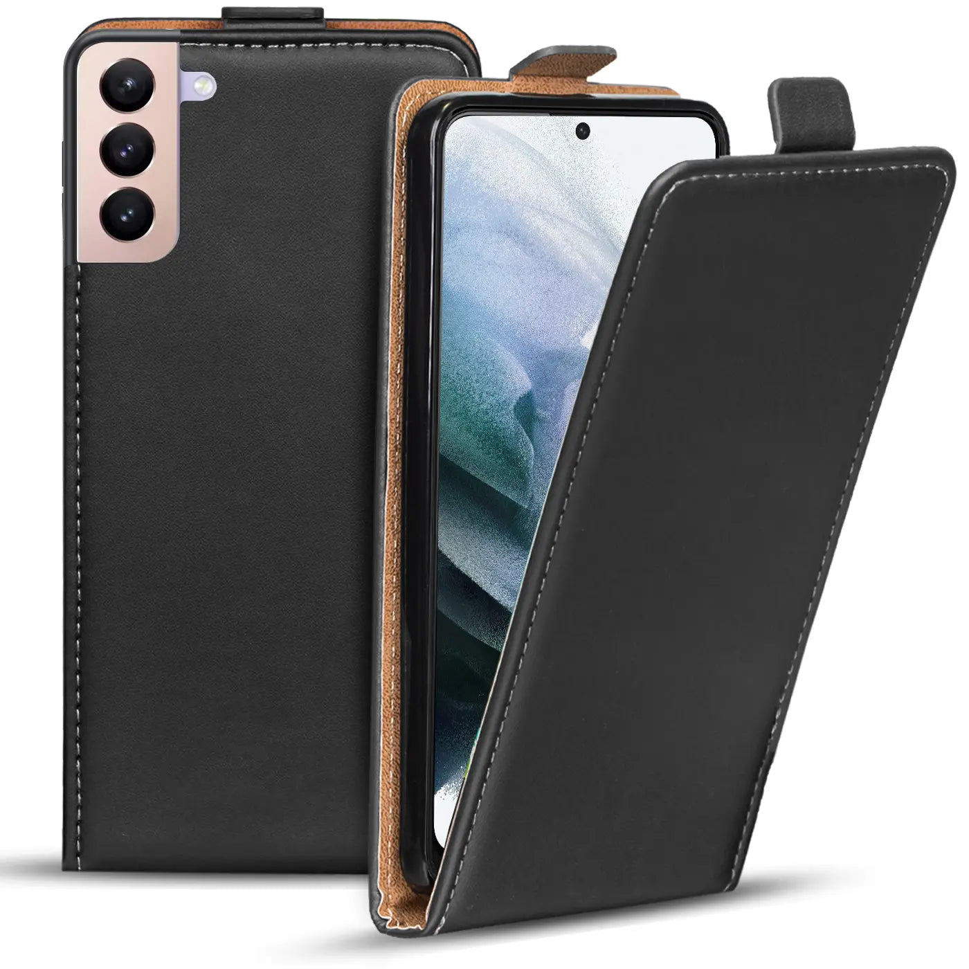 Schwarze Leder-Flip-Hülle für Samsung S21 FE, von vorne, offen