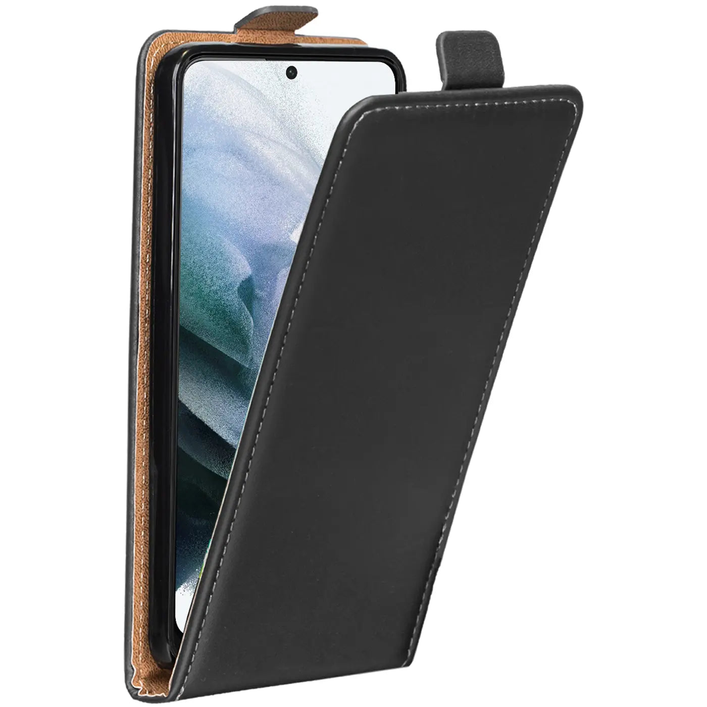 Schwarze Leder-Flip-Hülle, schräg von vorne, zeigt Samsung S21 Plus.