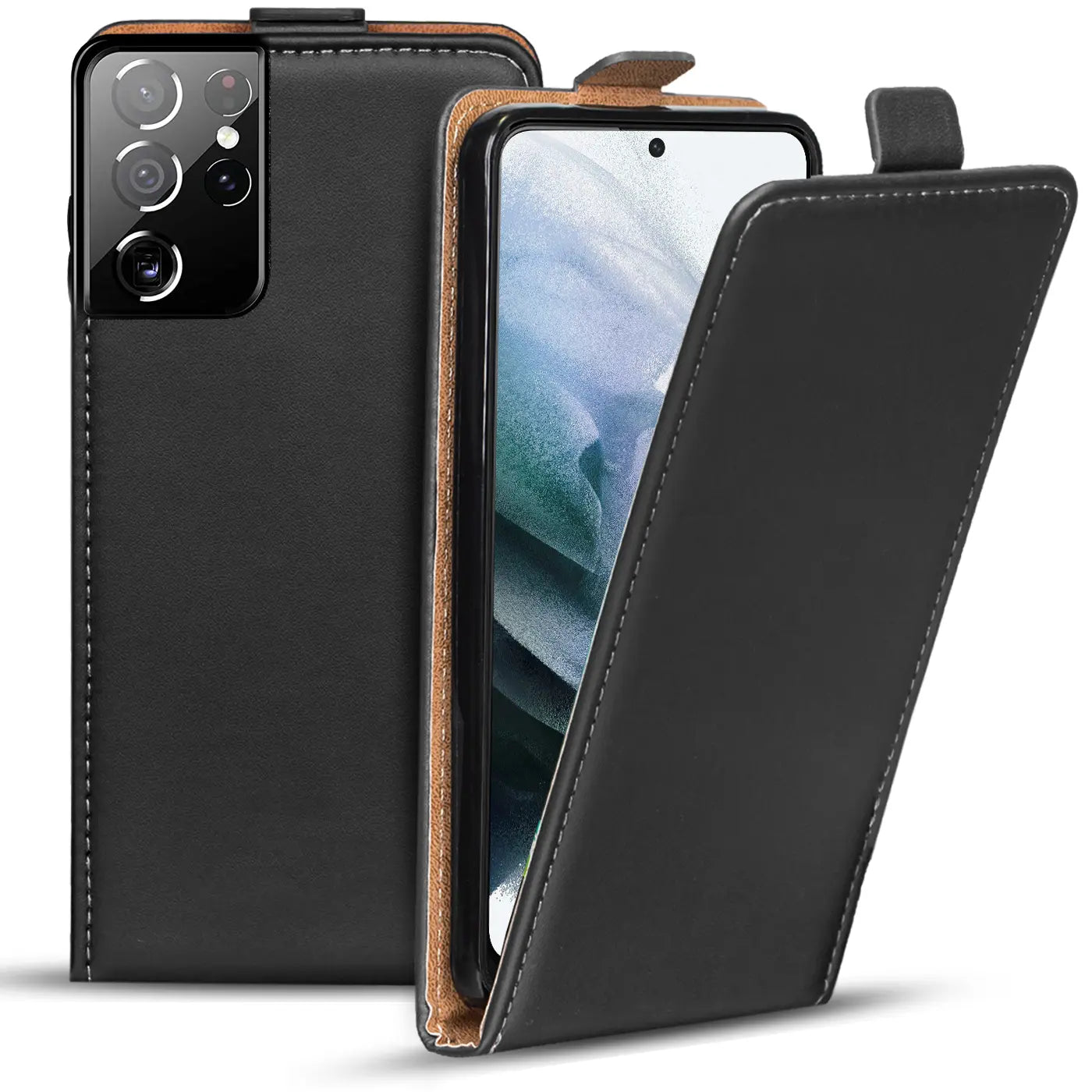 Schwarze Leder-Flip-Hülle, offen, mit Samsung Galaxy S21 Ultra, von vorne
