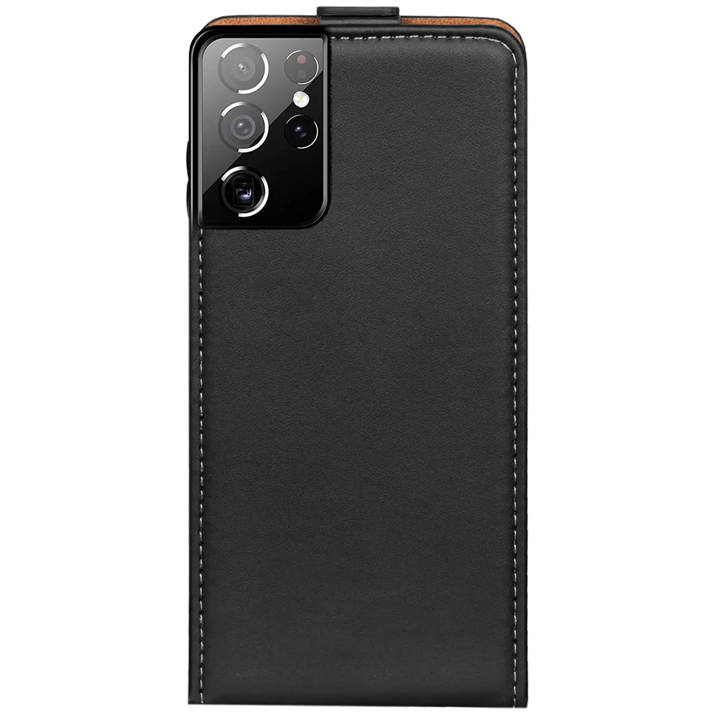 Schwarze Leder-Flip-Hülle mit Nähten, Rückansicht, zeigt Kamera des Samsung Galaxy S21 Ultra.