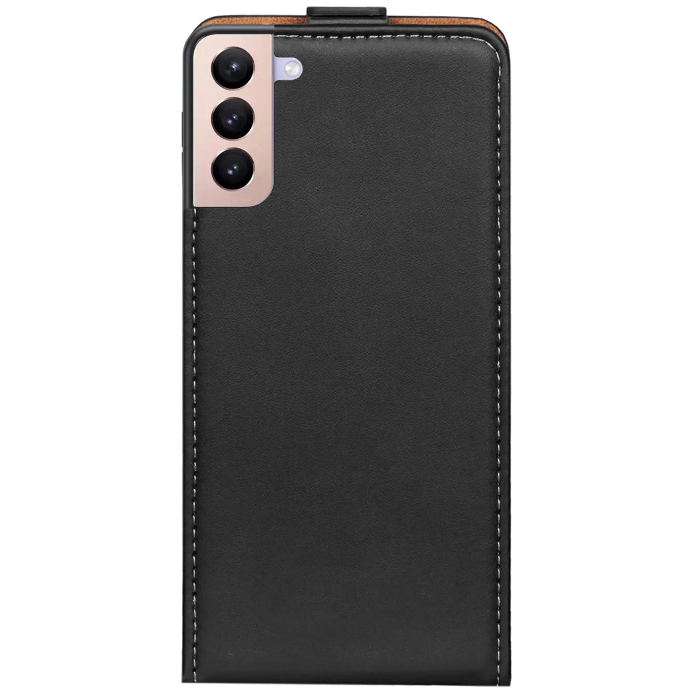 Schwarze Leder-Flip-Hülle für Samsung Galaxy S22, Rückansicht.