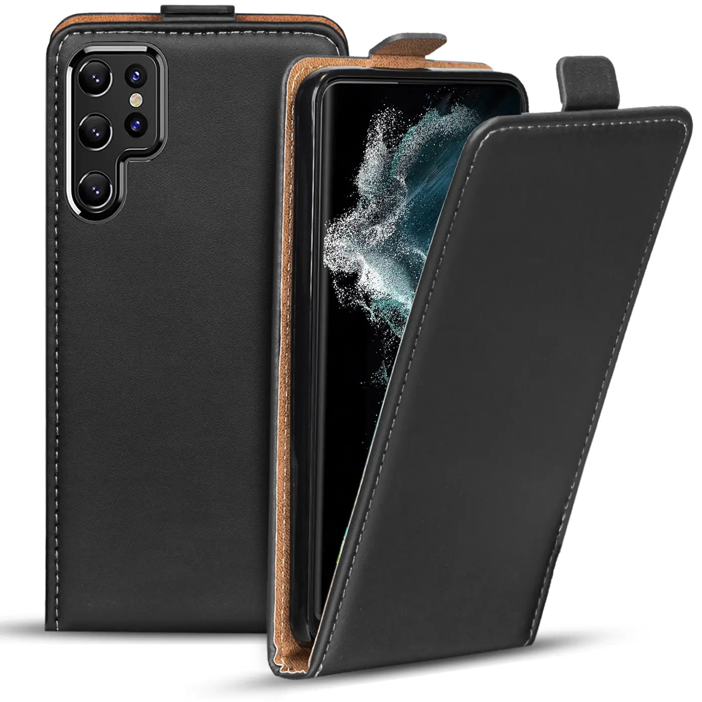 Schwarze Leder-Flip-Hülle für Samsung Galaxy S22 Ultra, von vorne schräg gezeigt.