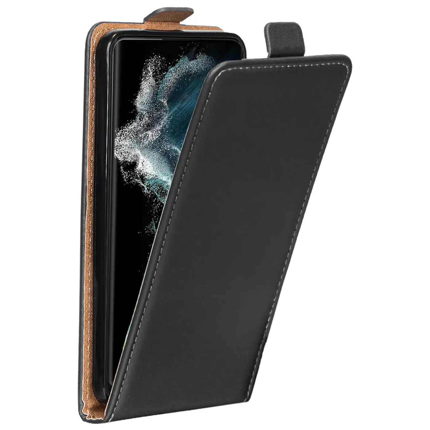 Schwarze Leder-Flip-Hülle mit offenem Deckel, zeigt Samsung S22 Ultra, von vorne.