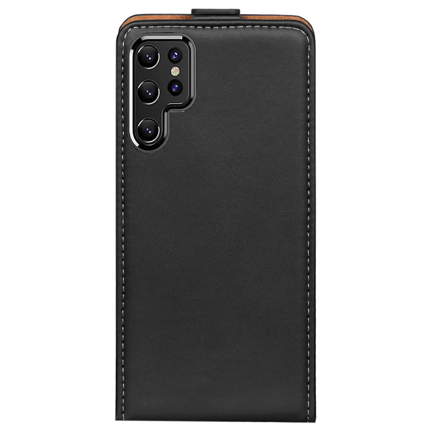 Schwarze Leder-Flip-Hülle für Samsung Galaxy S22 Ultra, Rückansicht.
