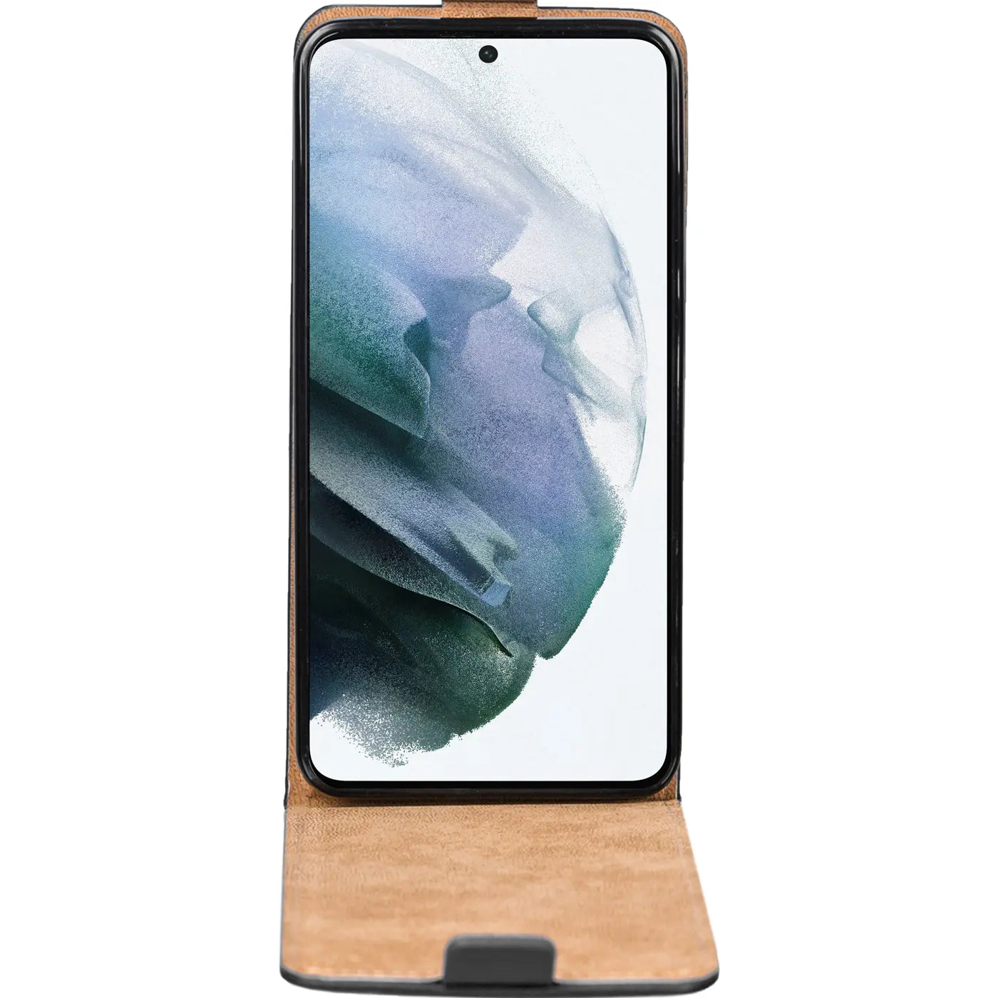 Braune Leder-Flip-Hülle mit offenem Deckel auf einem Samsung Galaxy S22 Ultra, Vorderansicht.