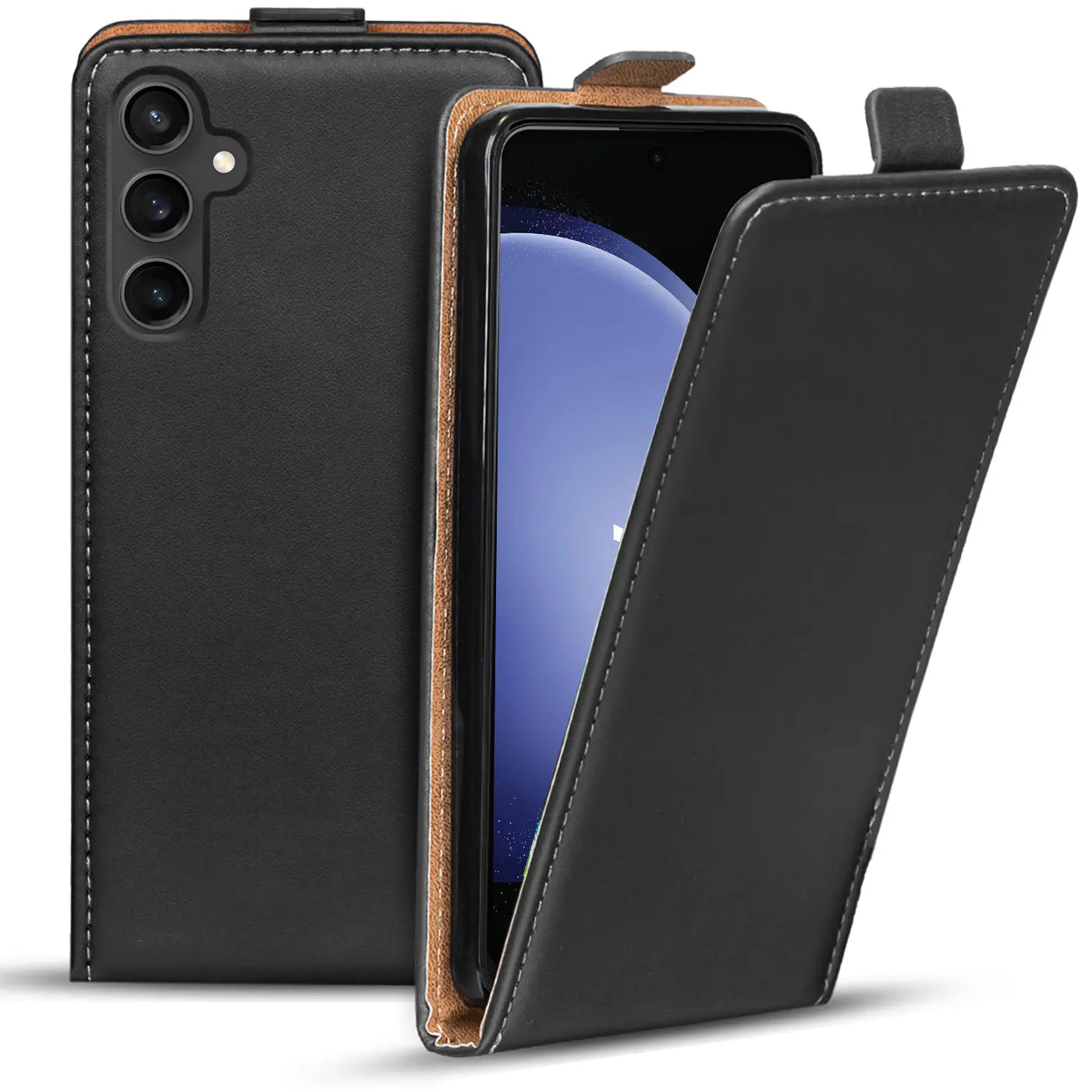 Schwarze Leder-Flip-Hülle mit braunem Rand, zeigt ein Samsung Galaxy S23 FE.