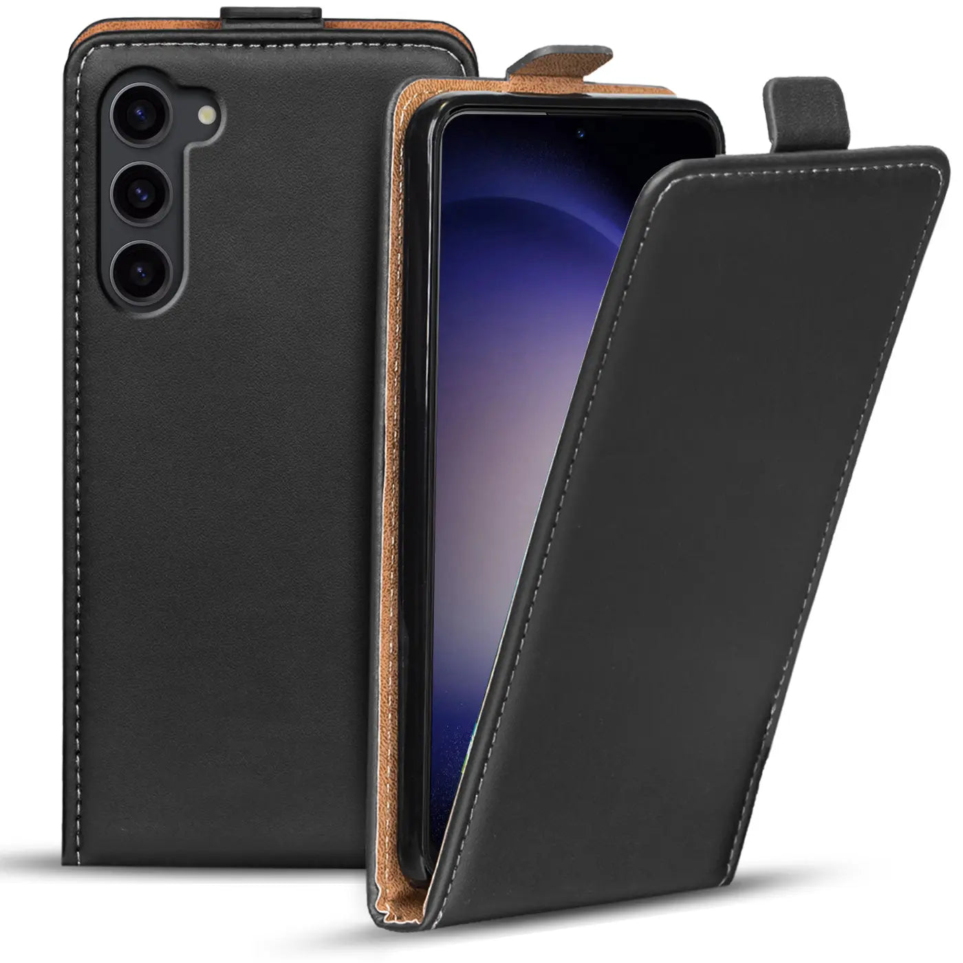 Schwarze Leder-Flip-Hülle, offen, mit Samsung Galaxy S23 Plus, von vorne links