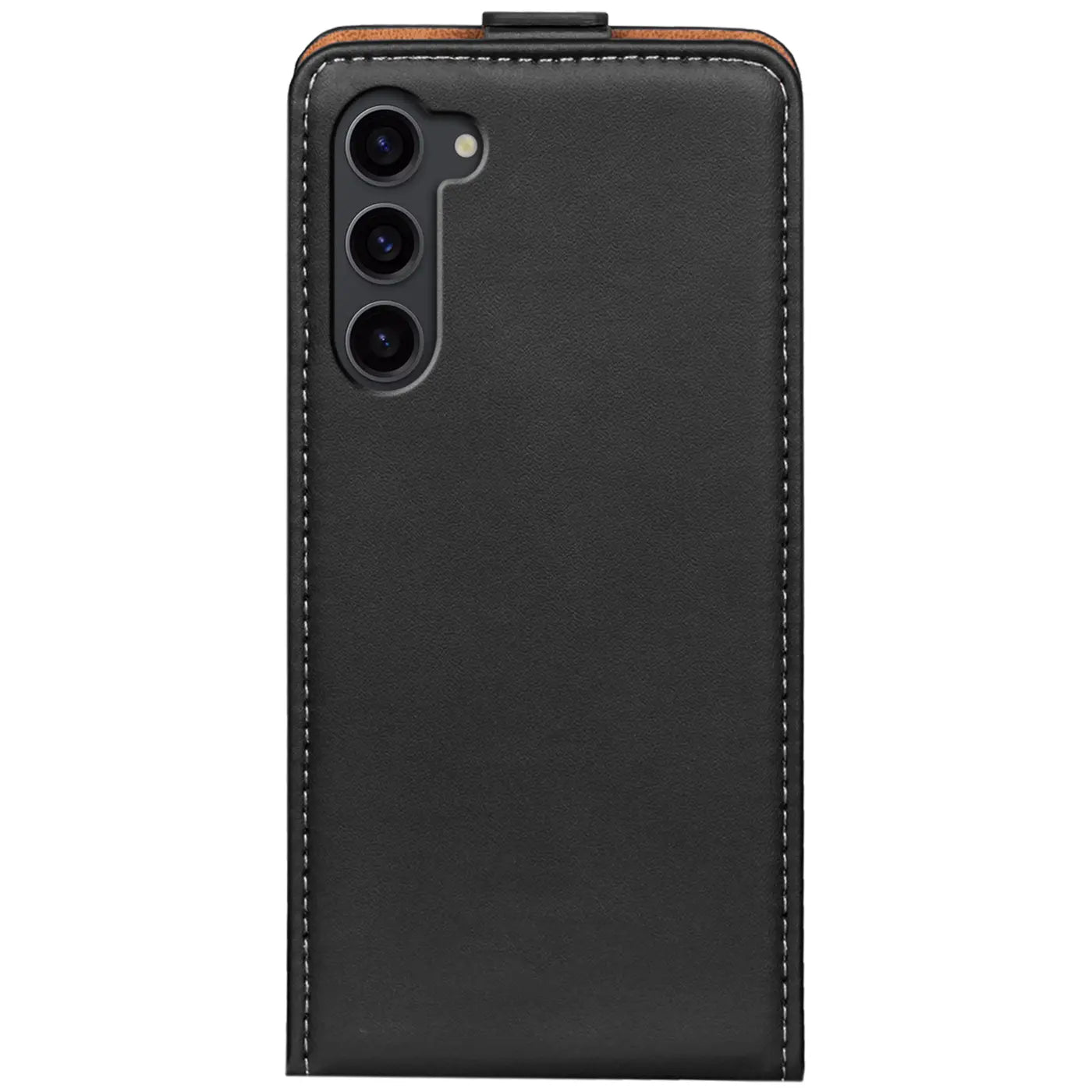 Schwarze Leder-Flip-Hülle mit Nähten, Rückansicht, zeigt Kameraaussparung für Samsung Galaxy S23 Plus.