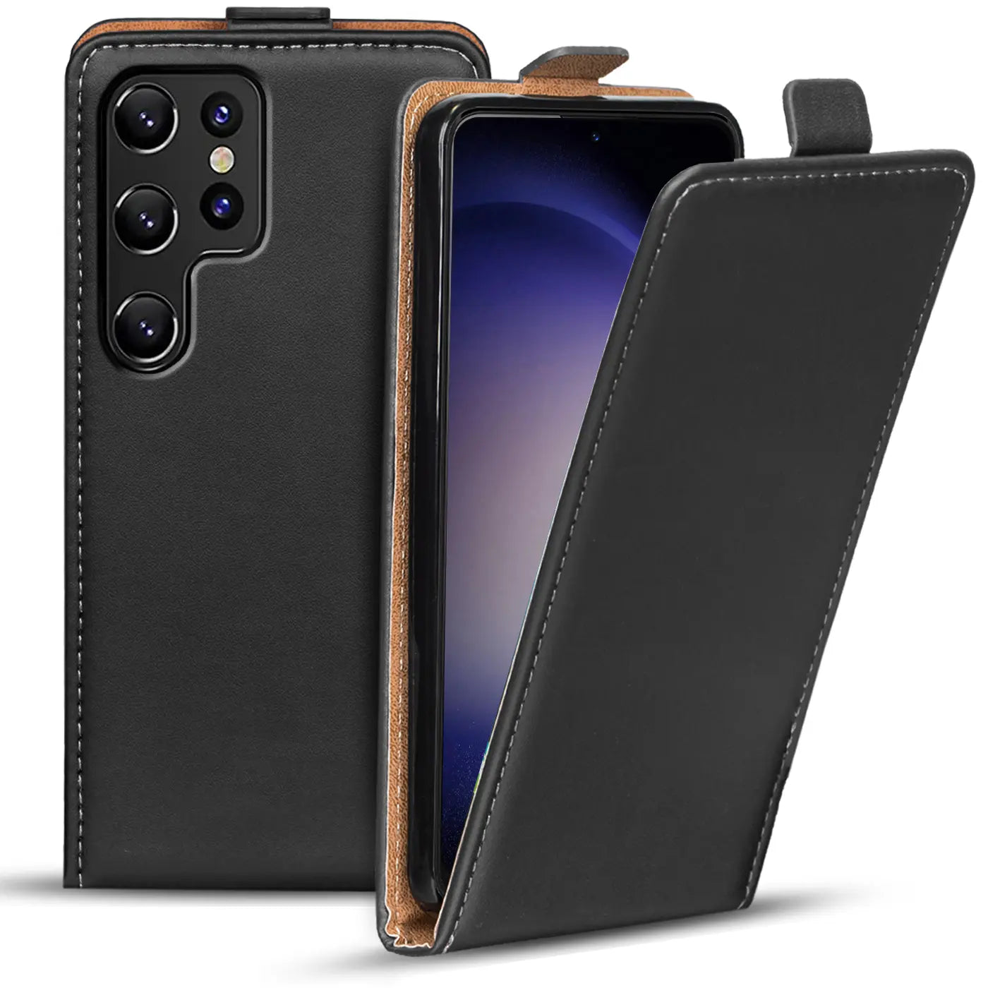 Schwarze Leder-Flip-Hülle mit braunem Rand, geöffnet, zeigt Samsung S23 Ultra.