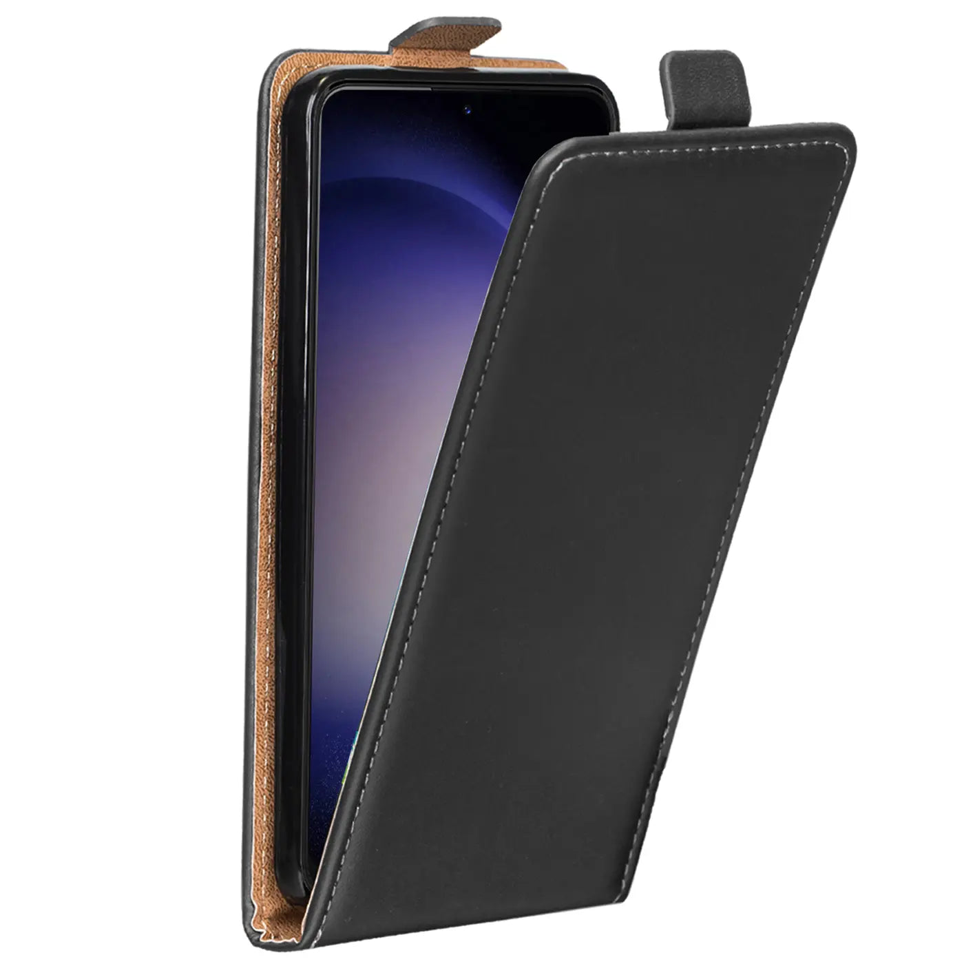 Schwarze Leder-Flip-Hülle mit offenem Deckel, zeigt Samsung Galaxy S23 Ultra.