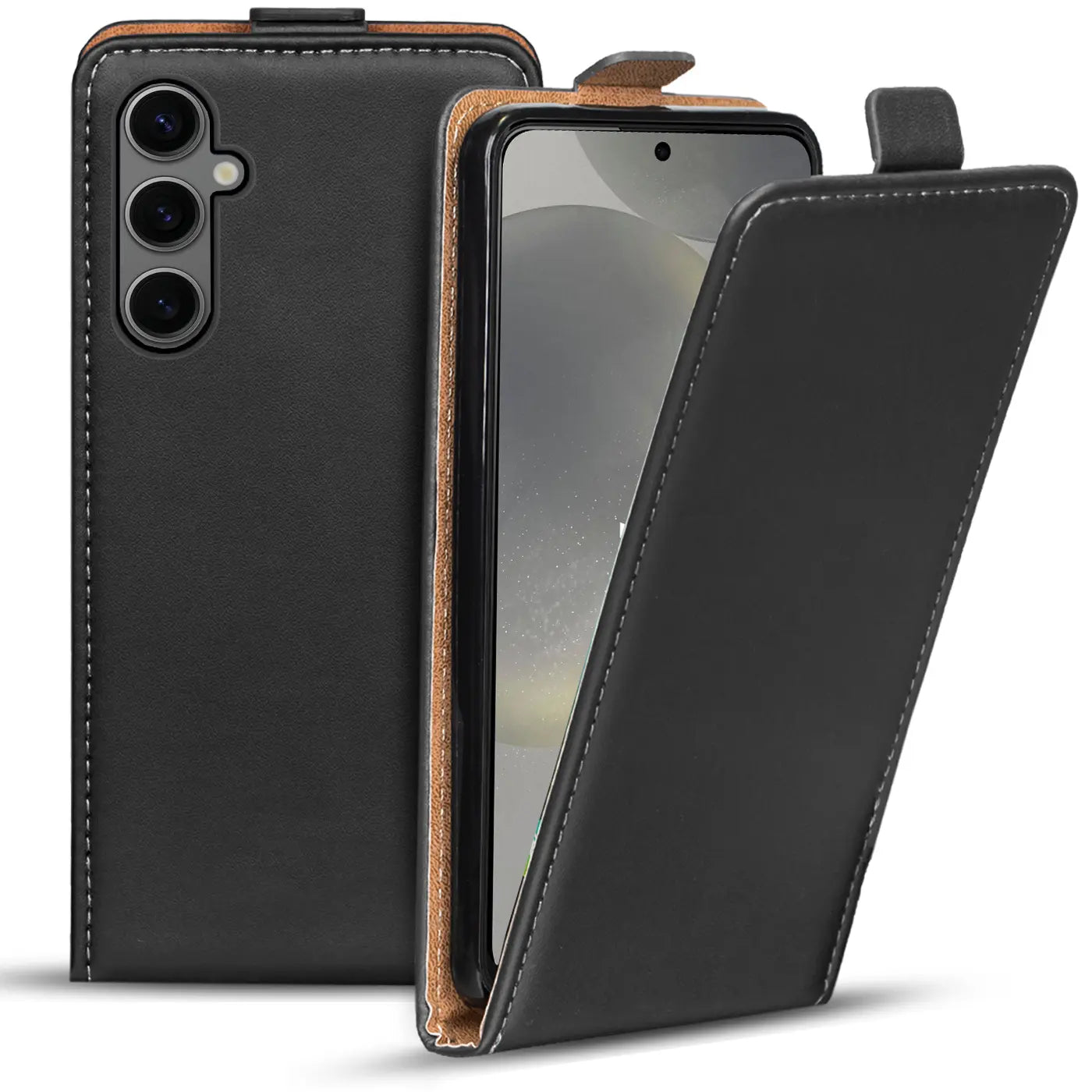 Schwarze Leder-Flip-Hülle mit braunem Innenfutter, zeigt Samsung Galaxy S24 FE.