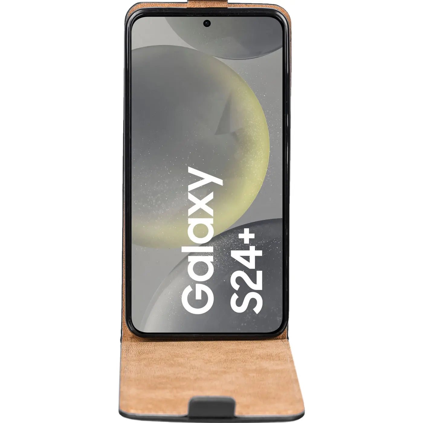 Braune Leder-Flip-Hülle für Samsung Galaxy S24 Plus, von vorne gezeigt.