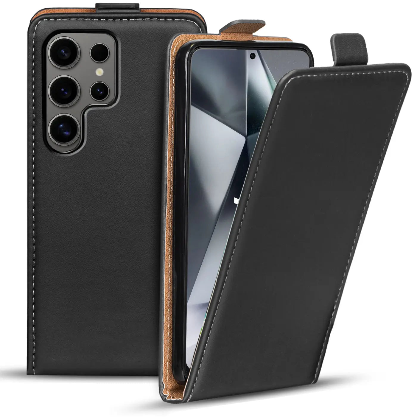 Schwarze Leder-Flip-Hülle mit braunem Rand, Vorderansicht, Samsung S24 Ultra.
