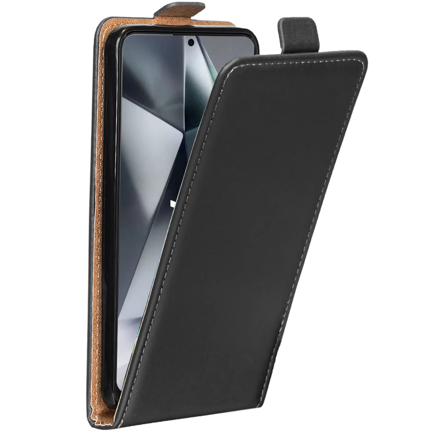 Schwarze Leder-Flip-Hülle mit braunem Innenfutter für Samsung Galaxy S24 Ultra, von vorne schräg.