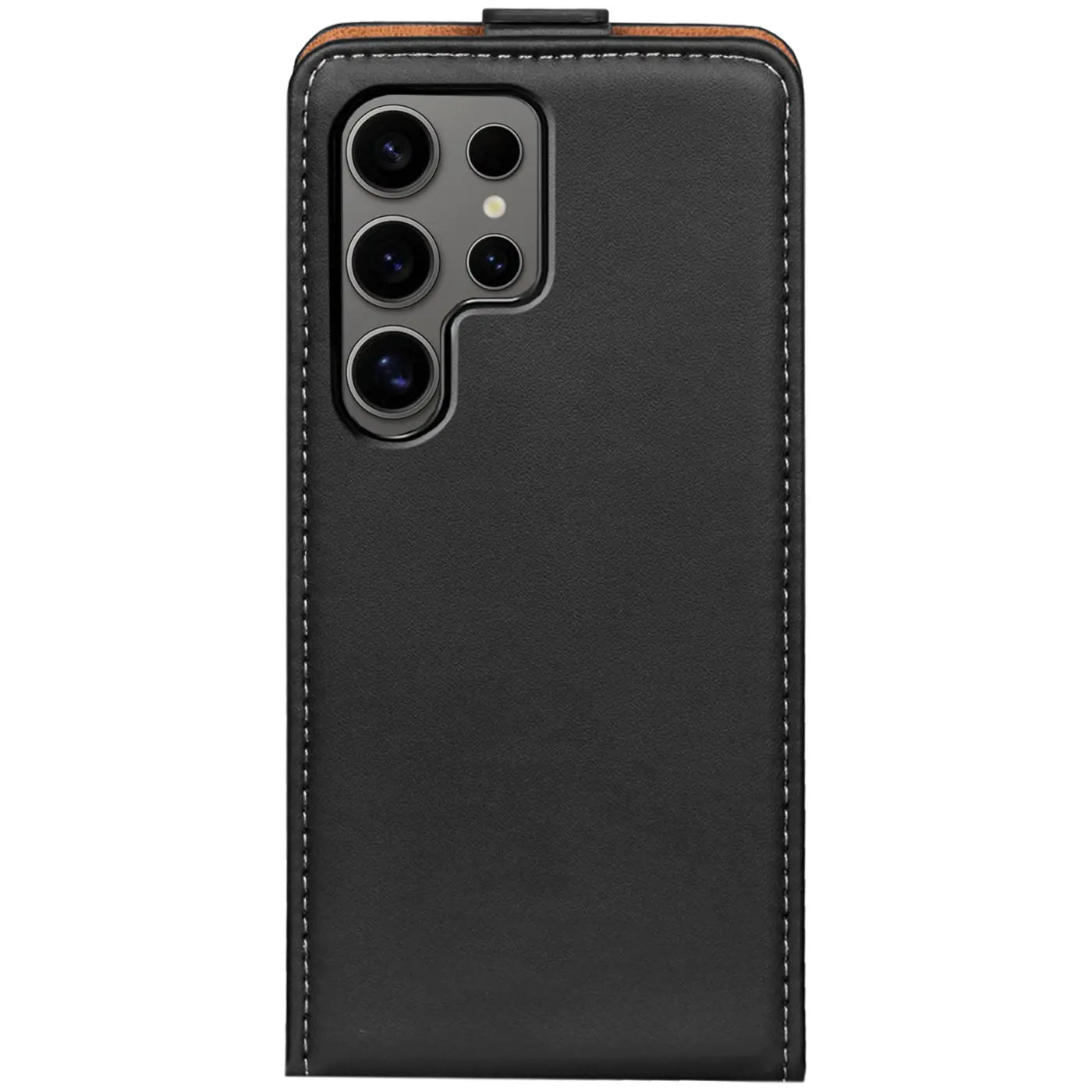 Schwarze Leder-Flip-Hülle mit braunem Rand für Samsung Galaxy S24 Ultra, Rückansicht.