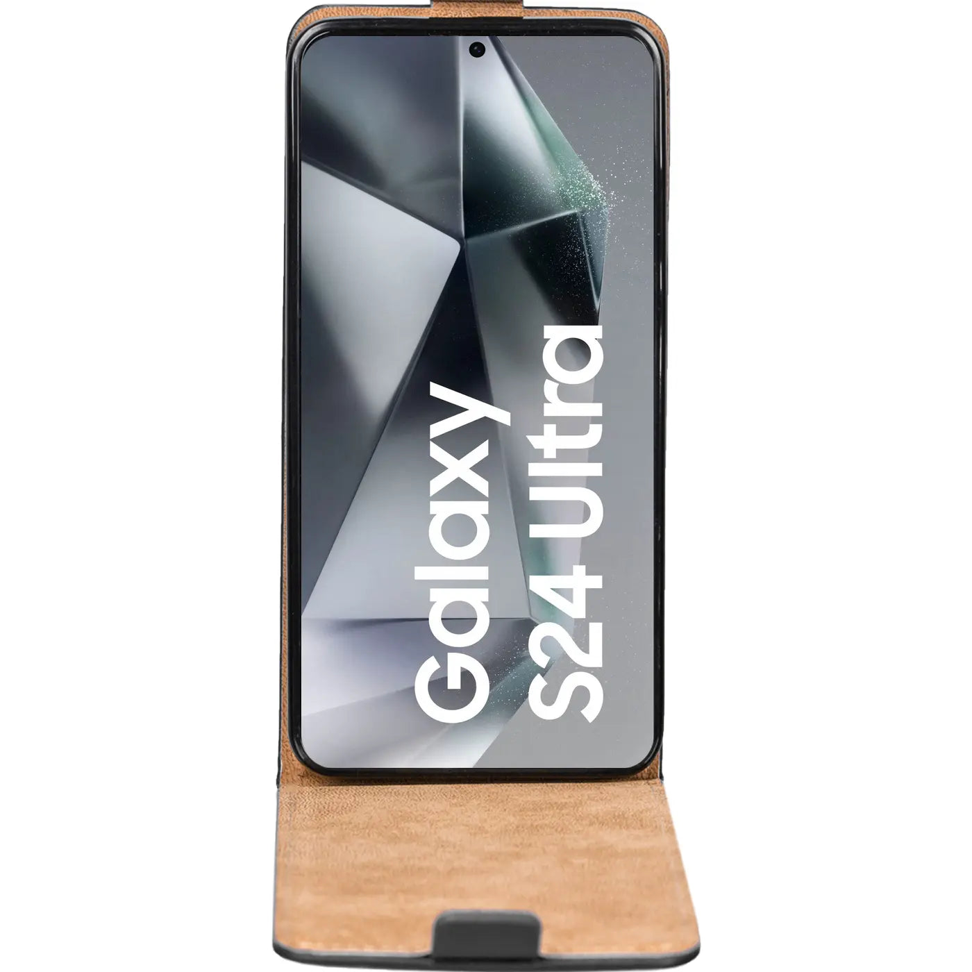 Braune Leder-Flip-Hülle, Vorderansicht, zeigt Samsung Galaxy S24 Ultra.