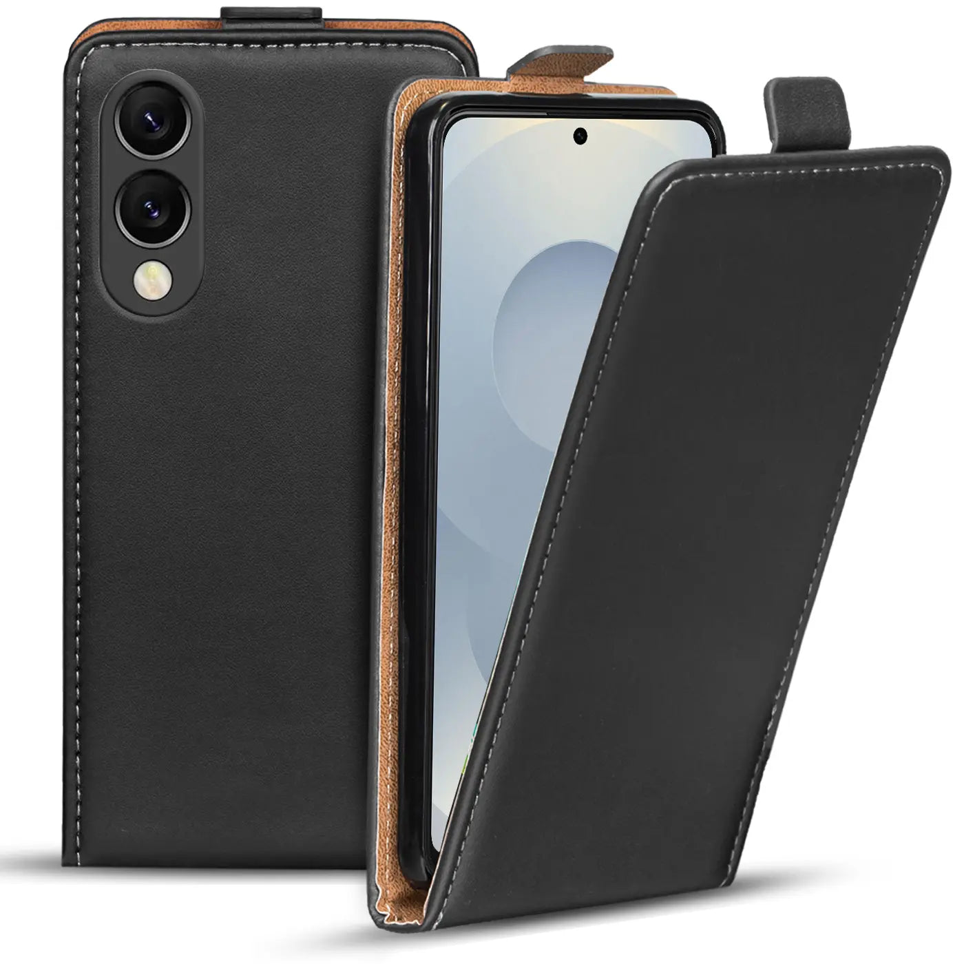 Schwarze Leder-Flip-Hülle mit braunem Rand, Vorderansicht, zeigt Samsung Galaxy S25 Edge.