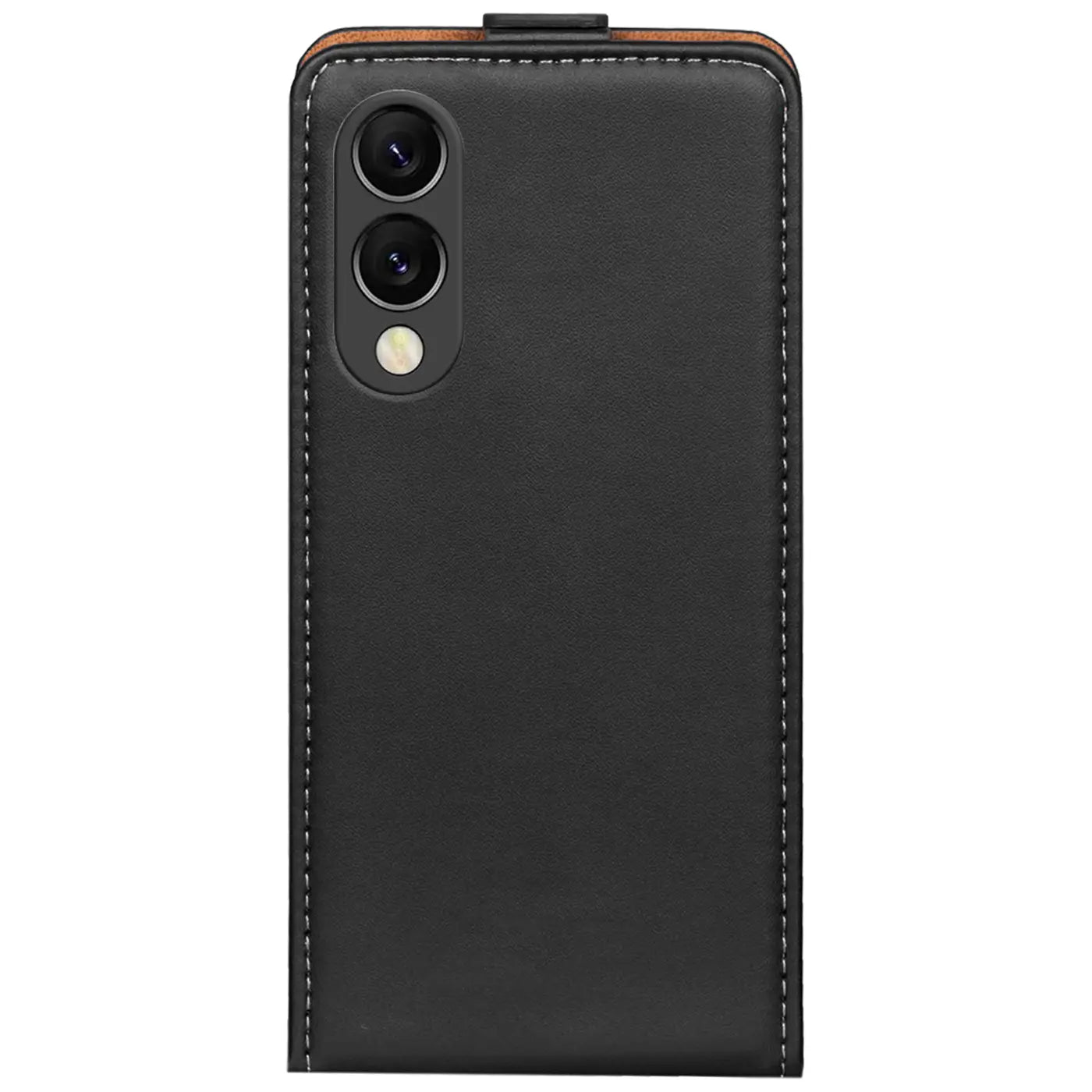 Schwarze Leder-Flip-Hülle mit Kameraöffnung, von oben gesehen, für Samsung Galaxy S25 Edge.