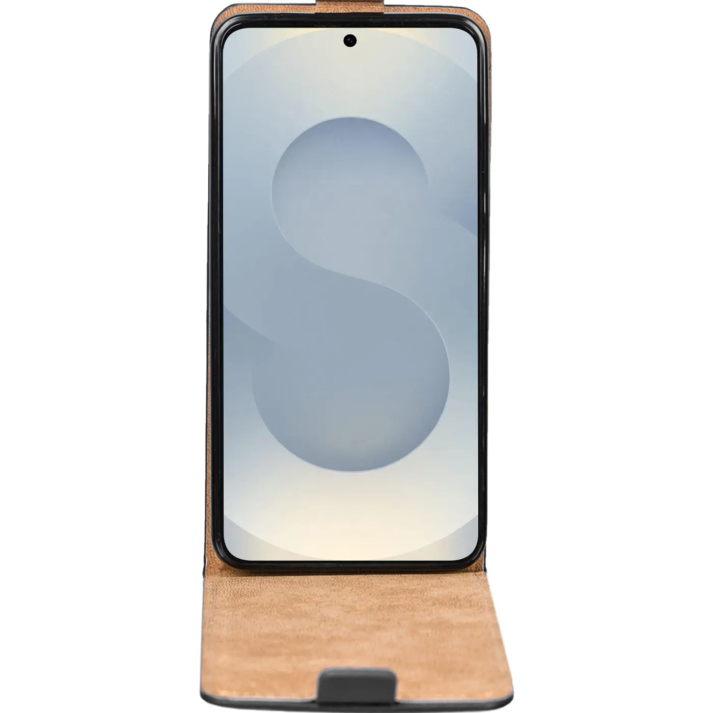 Braun Leder Flip Hülle, von vorne, Samsung Galaxy S25 Edge sichtbar