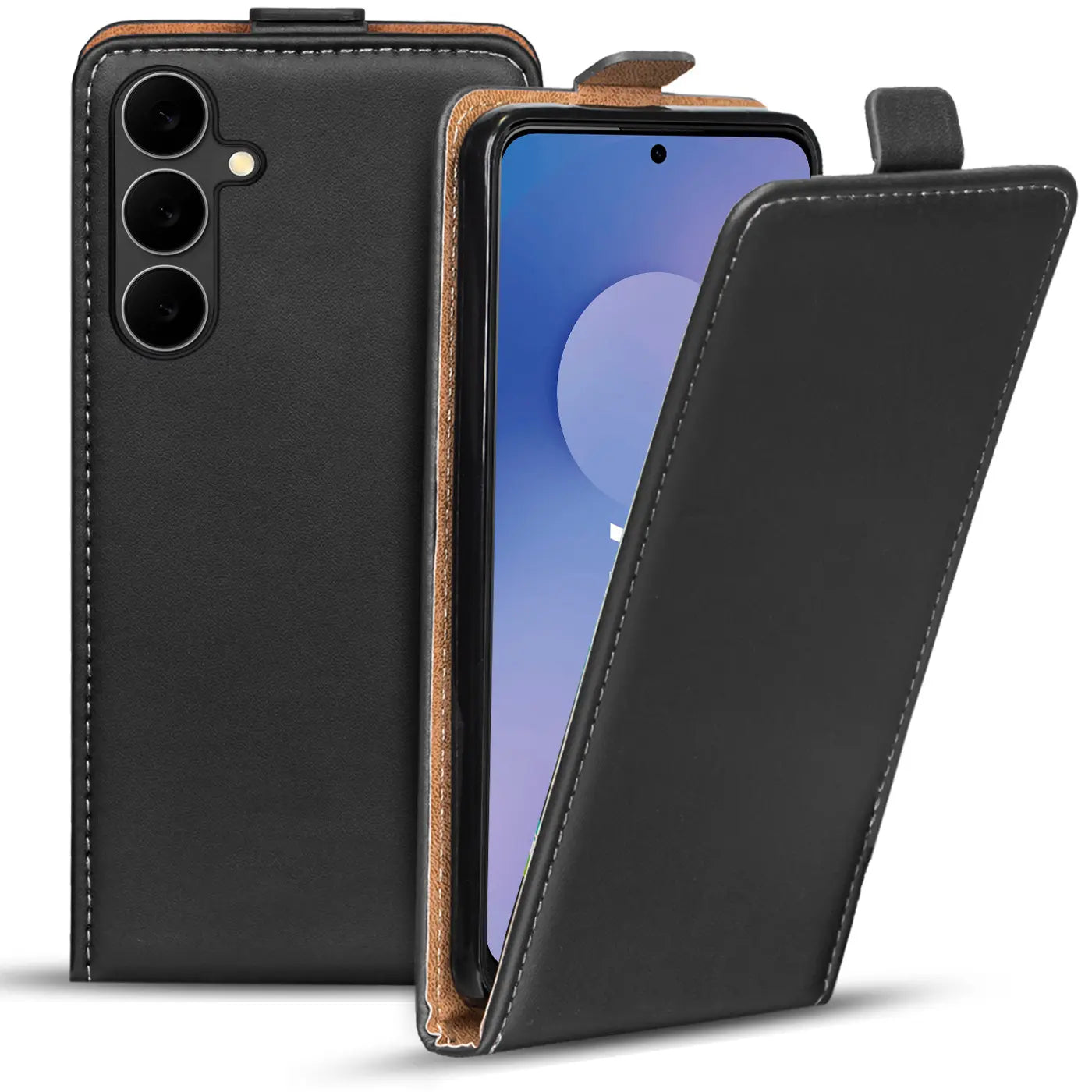 Schwarze Leder-Flip-Hülle, offen, zeigt Samsung Galaxy S25 FE, von vorne.