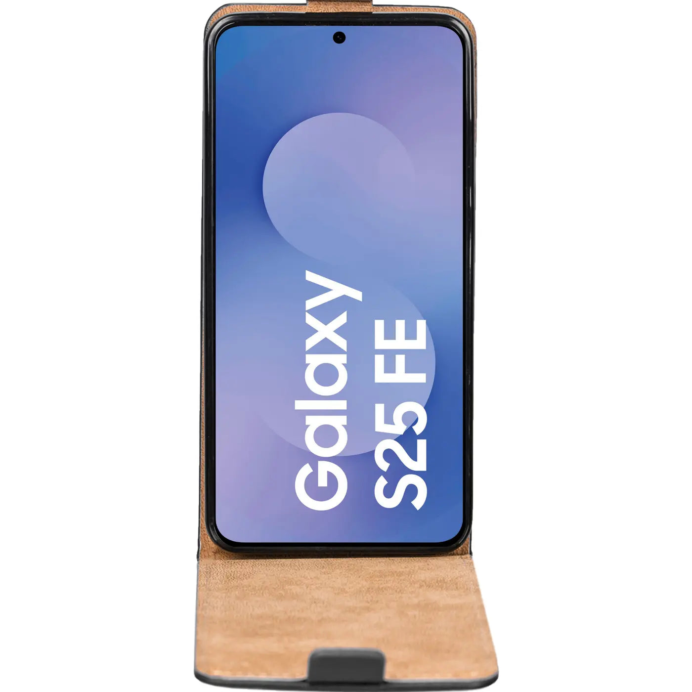 Braune Klapphülle aus Leder mit Samsung Galaxy S25 FE. Frontalansicht.