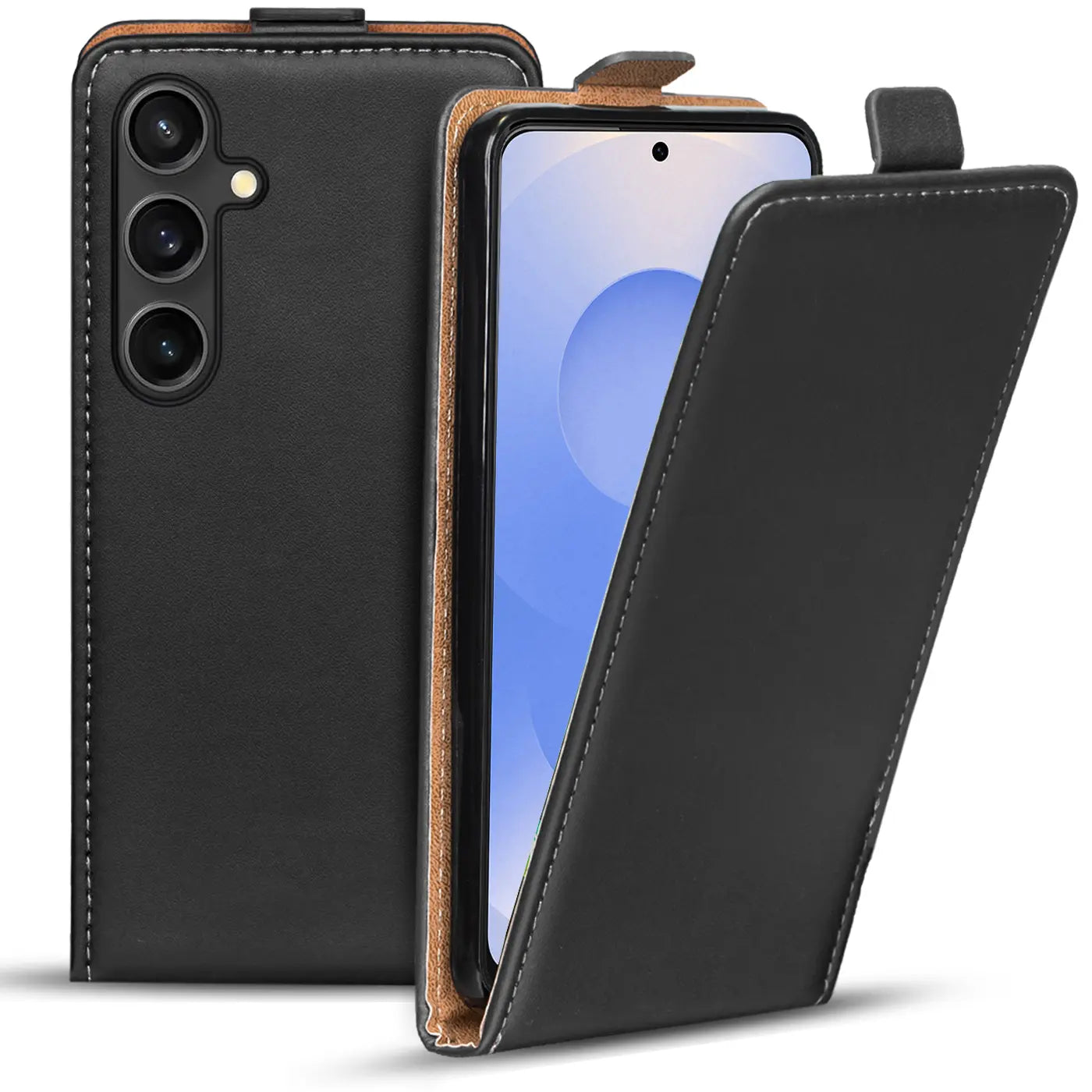 Schwarze Leder-Flip-Hülle mit braunem Innenfutter für Samsung Galaxy S25 Plus, von vorne links