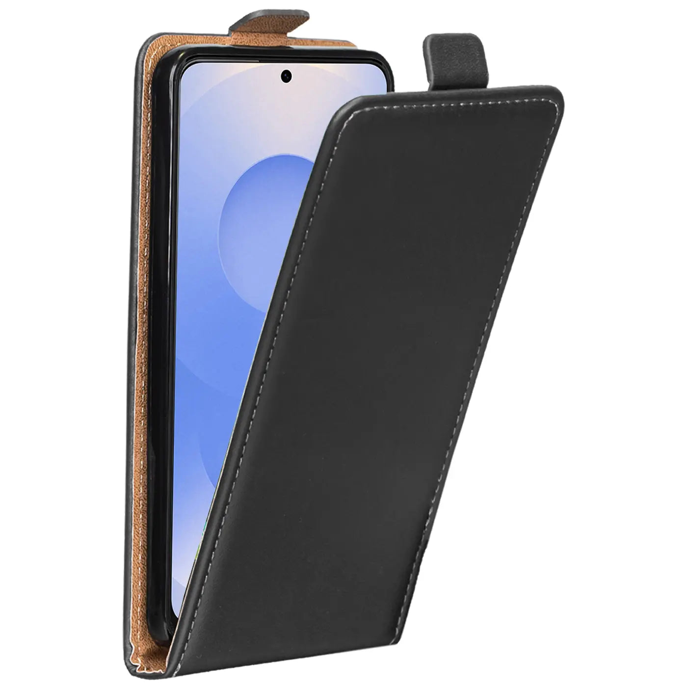 Schwarze Leder-Flip-Hülle mit weißer Naht, zeigt ein Samsung Galaxy S25 Plus.