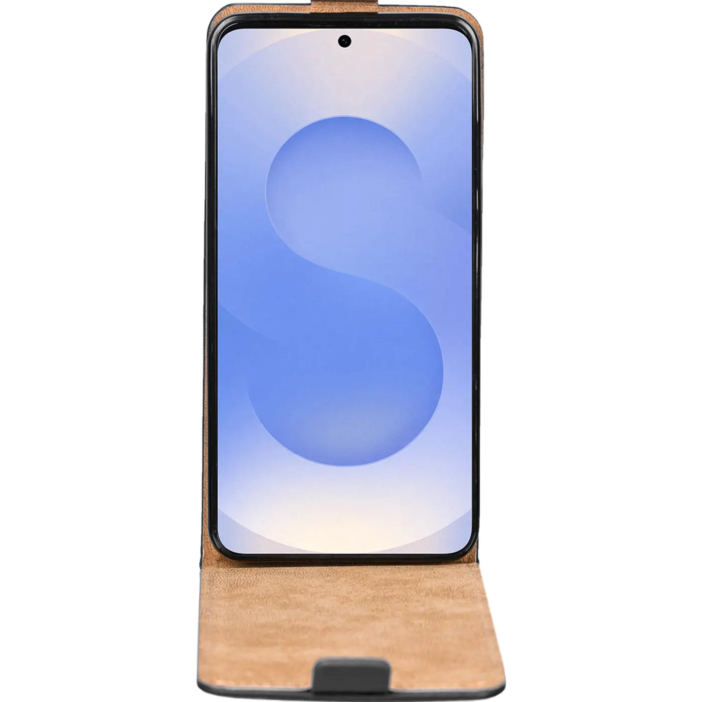 Braune Leder-Flip-Hülle, geöffnet, zeigt Samsung Galaxy S25 Plus von vorne.
