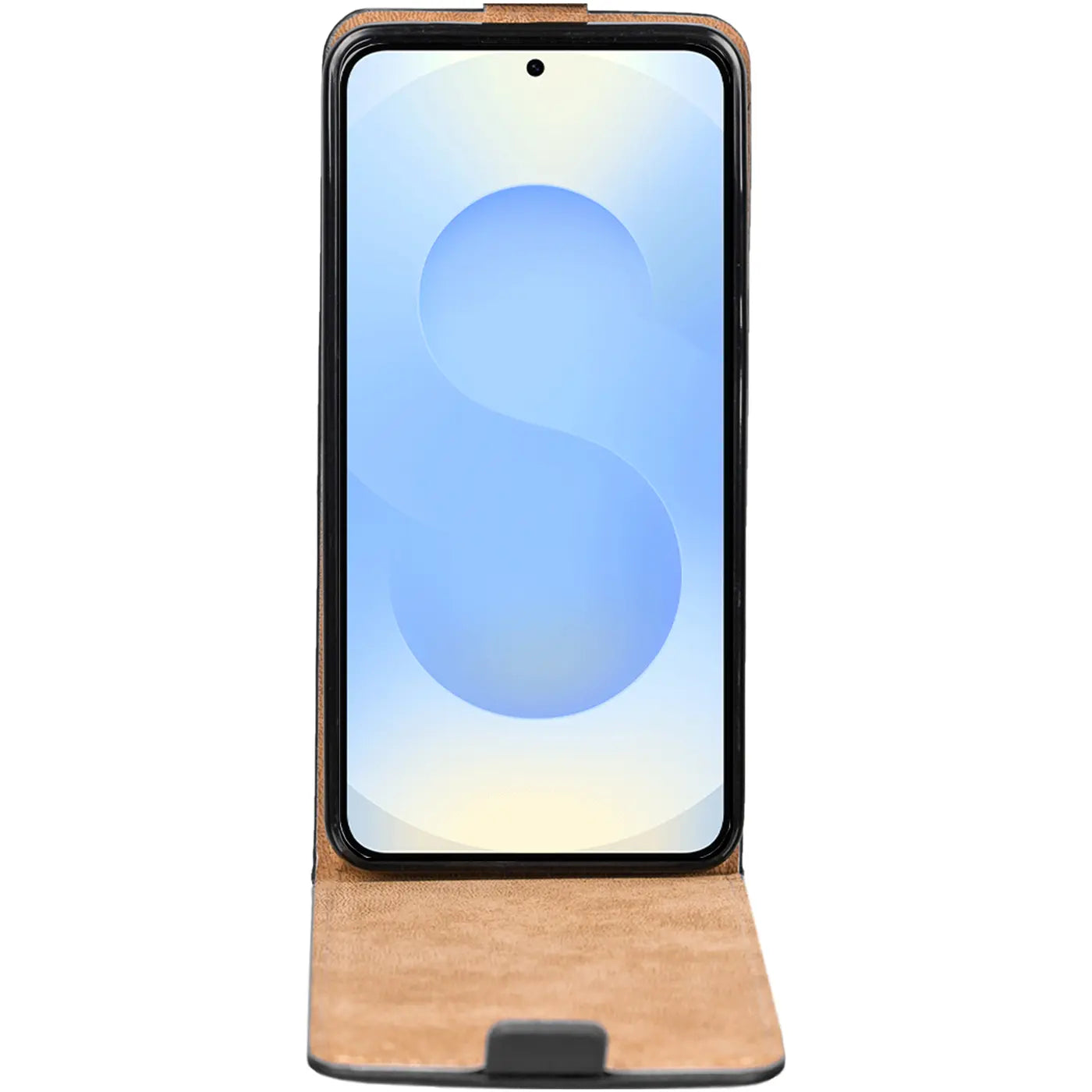 Braune Leder-Flip-Hülle für Samsung Galaxy S25 Ultra, von vorne, aufgeklappt.