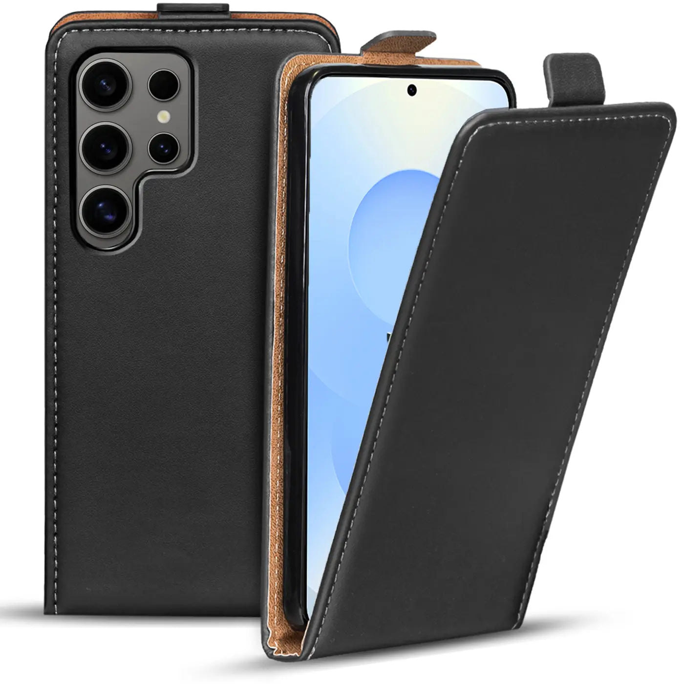 Schwarze Leder-Flip-Hülle mit braunem Innenfutter, zeigt Samsung S26 Ultra von vorne/hinten.