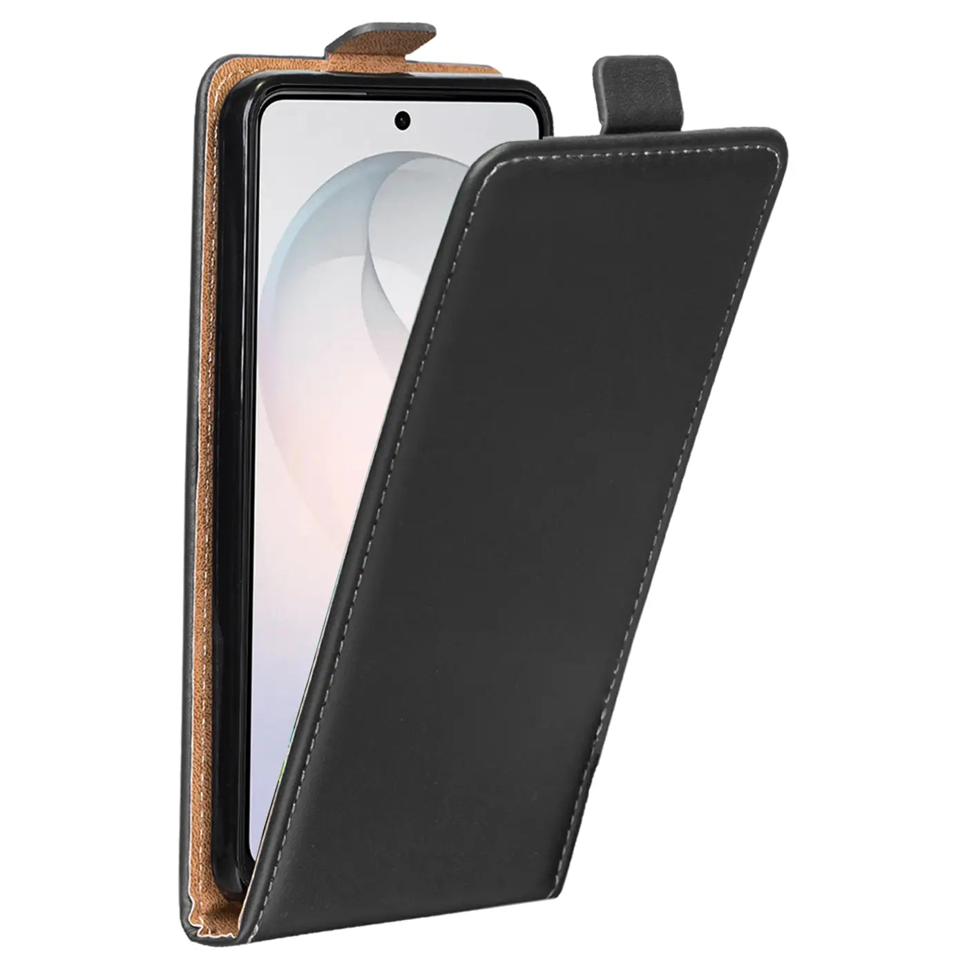 Schwarze Leder-Flip-Hülle mit offenem Display, von vorne schräg fotografiert.