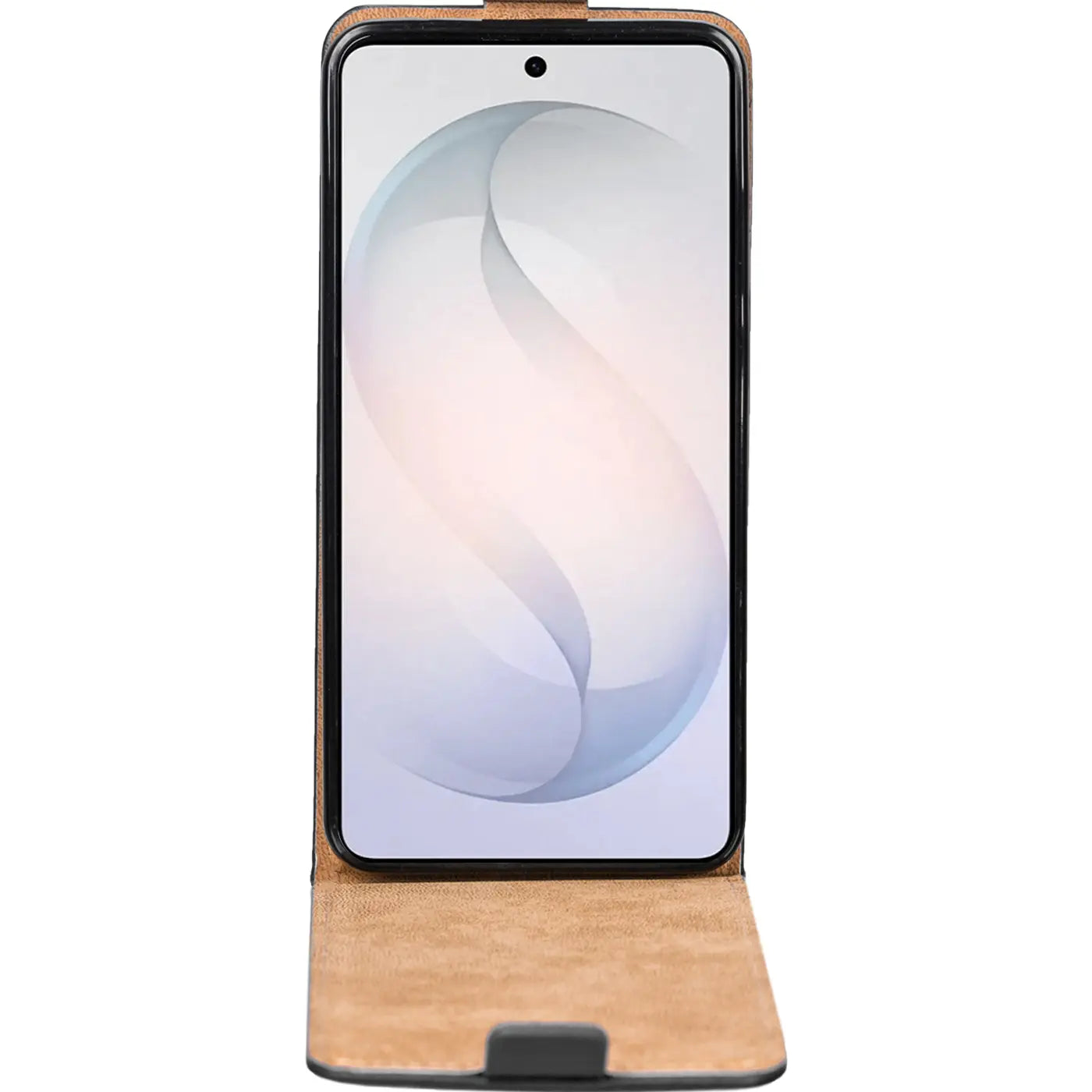 Braune Leder-Flip-Hülle, offen, mit Samsung Galaxy S26 Ultra, Frontansicht.