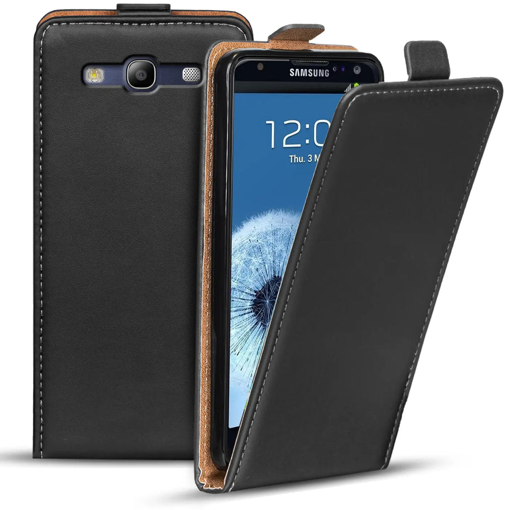 Schwarze Leder-Flip-Hülle mit offenem Samsung Galaxy S3 Neo, von vorne.