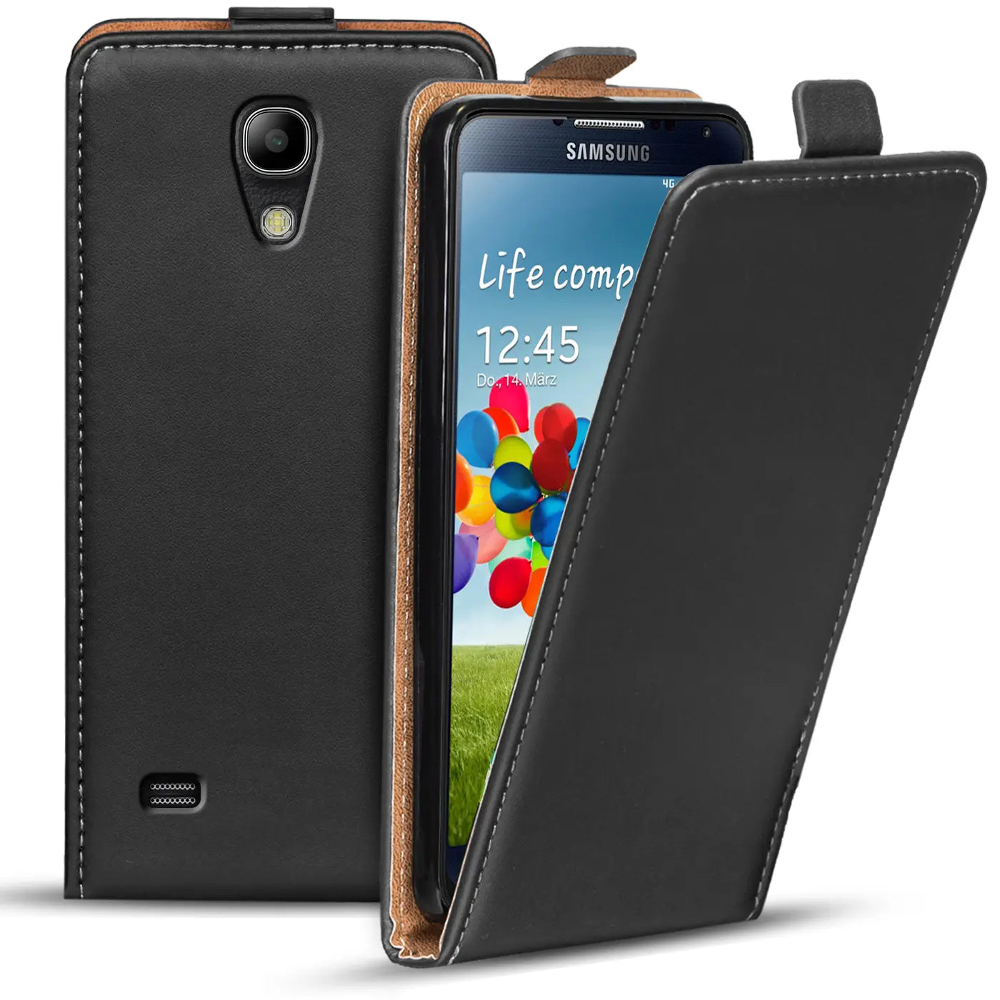 Schwarze Leder-Flip-Hülle, Vorder- und Rückseite sichtbar, mit Samsung Galaxy S4.