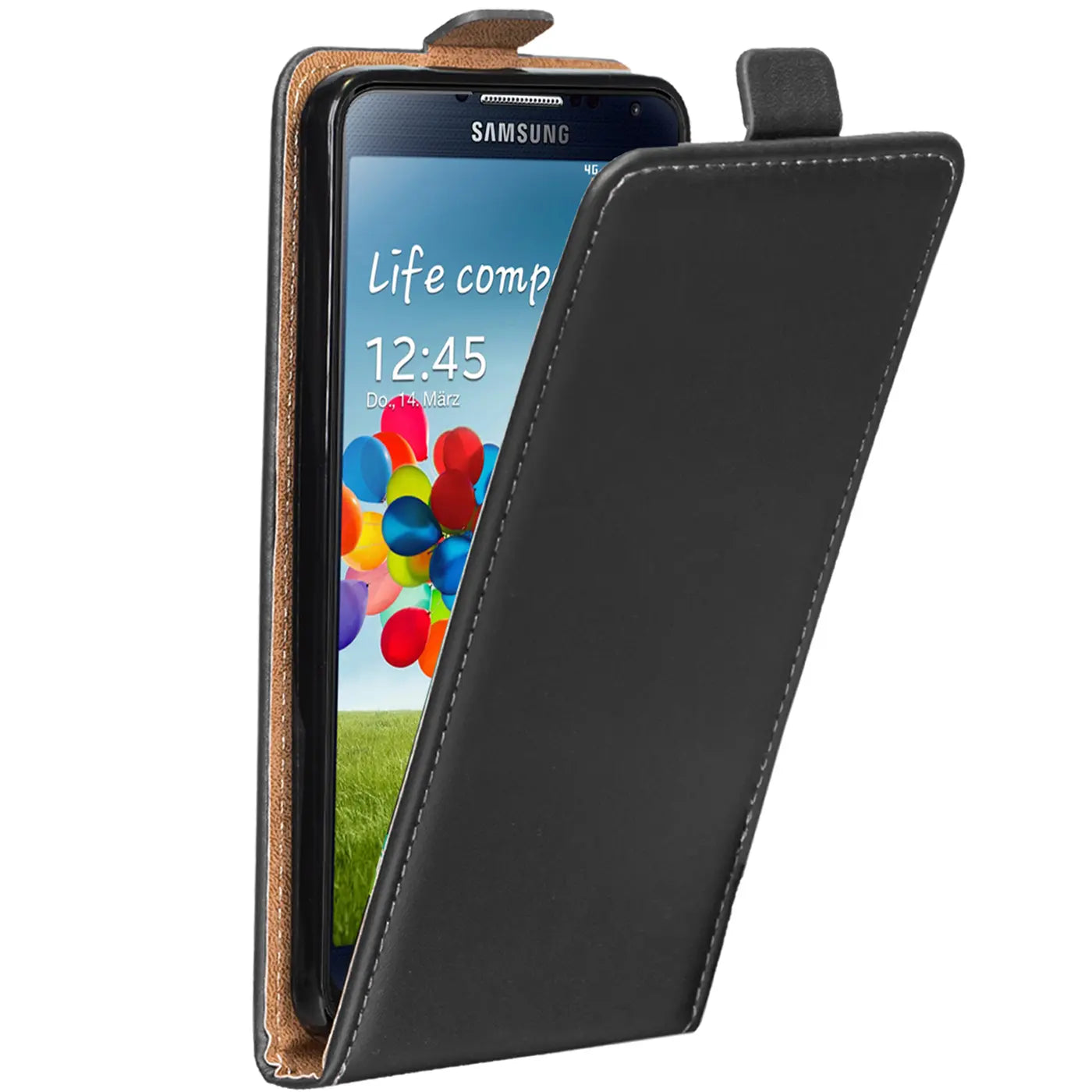Schwarze Leder-Flip-Hülle für Samsung Galaxy S4, von vorne schräg gezeigt.