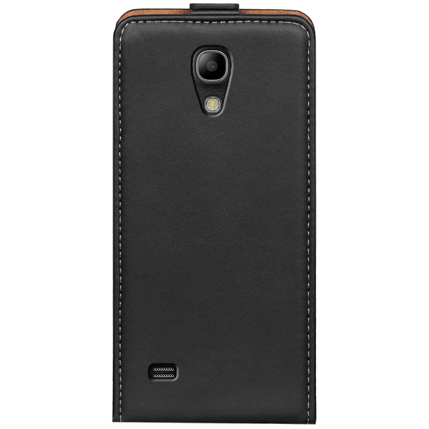 Schwarze Leder-Flip-Hülle für Samsung Galaxy S4, von hinten, mit Kameraaussparung.