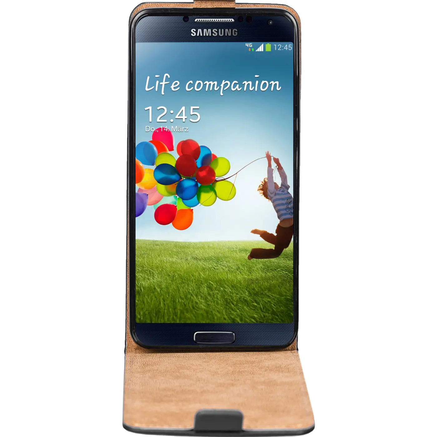 Samsung Galaxy S4 in brauner Leder-Flip-Hülle, Vorderansicht.