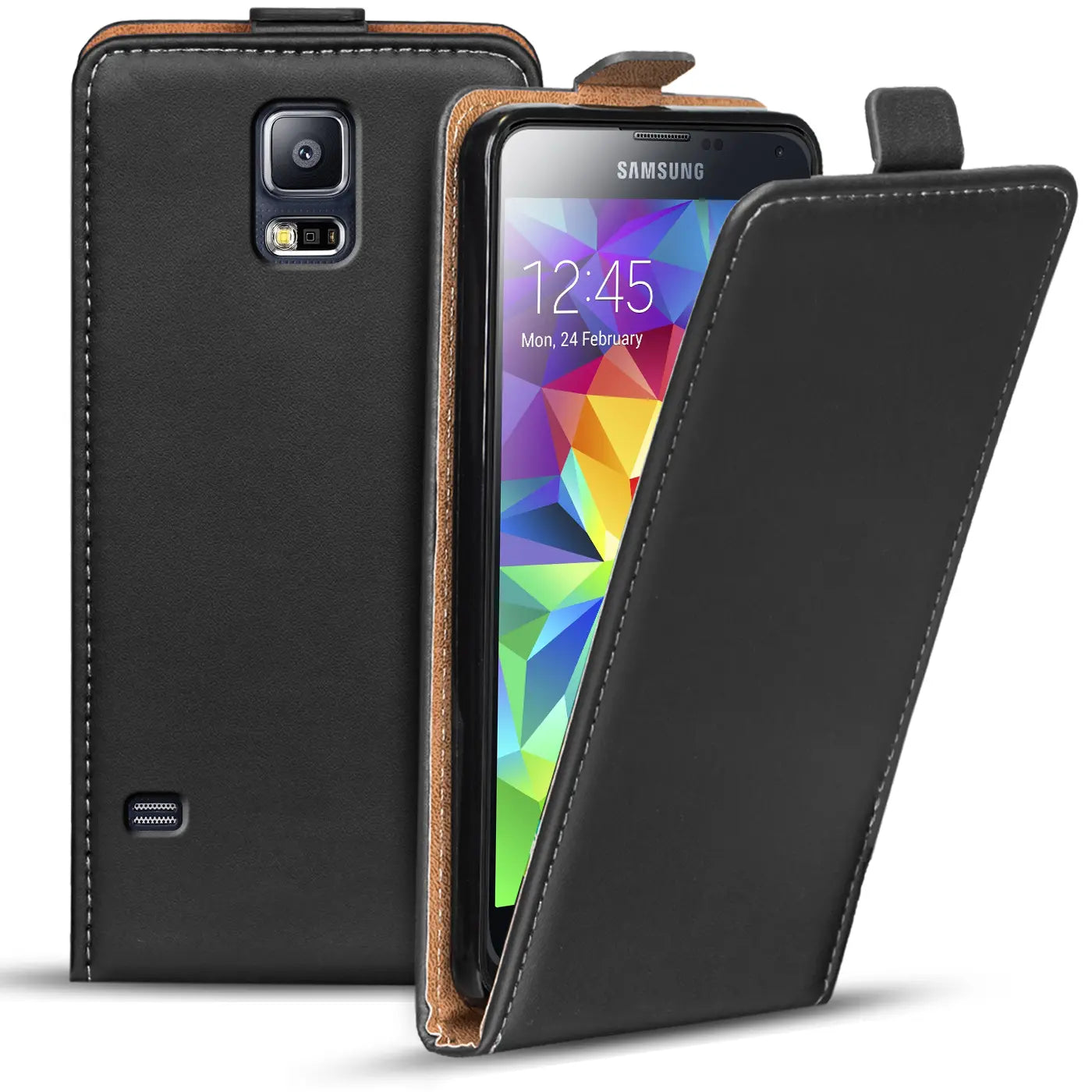 Schwarze Leder-Flip-Hülle, offen, zeigt Samsung Galaxy S5/S5 Neo.
